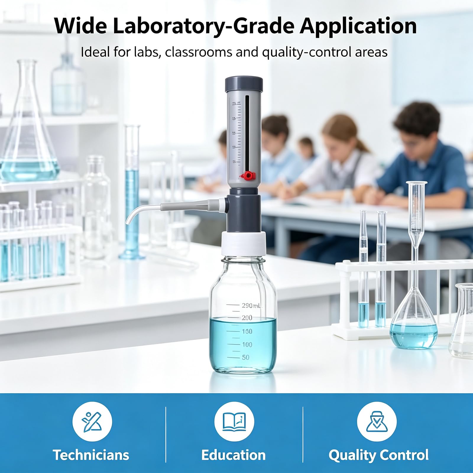 COYEUX Dosatore Regolabile A Manicotto per Liquidi, da 0-25 Ml, per Flaconi da Laboratorio, con Impostazione del Volume Graduata E Bloccabile, per Laboratori, Scuole, Docenti E Ricercatori.