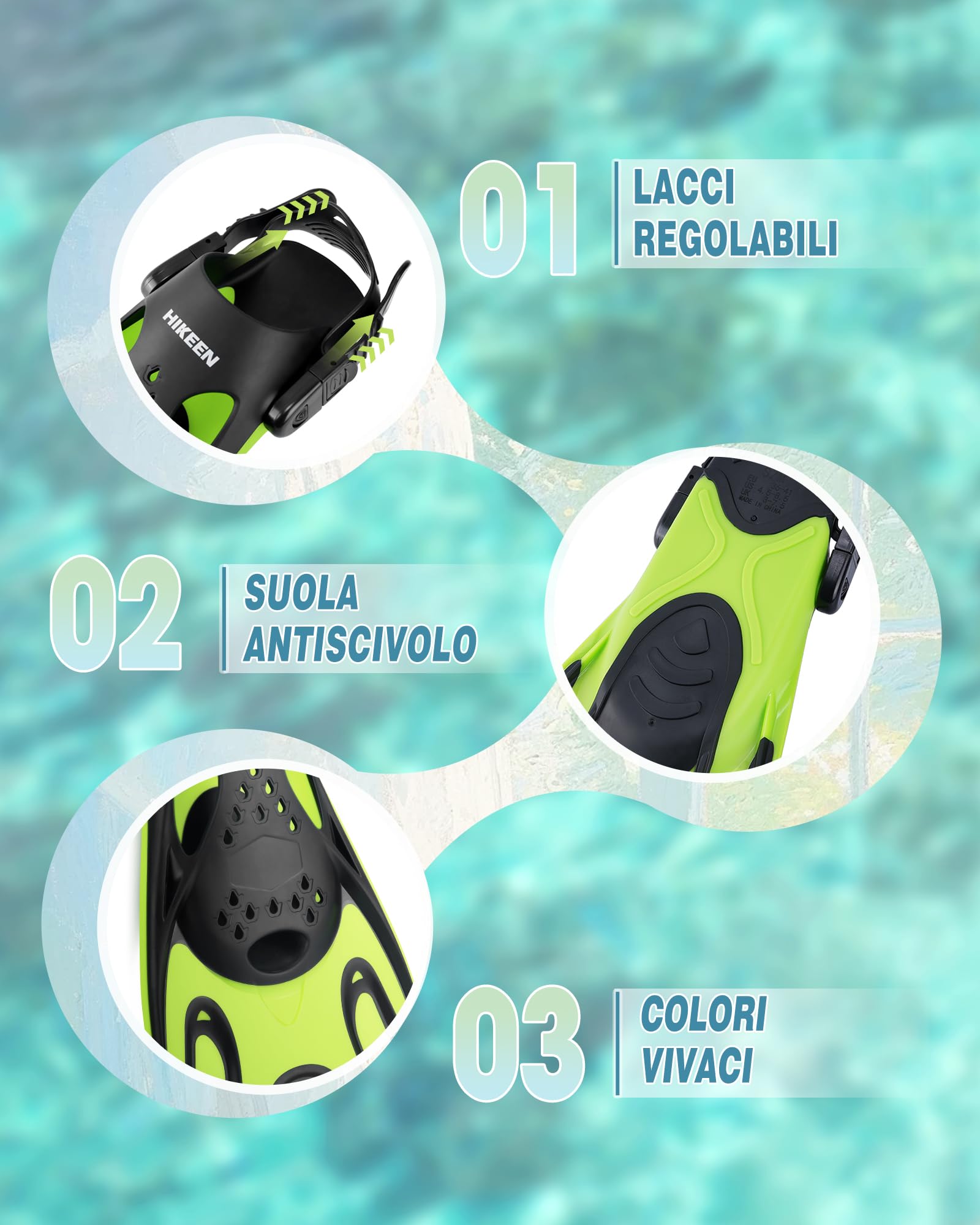 Hikeen Pinne Regolabili, Pinne Corte per Adulti e Bambini, Pinne da Piscina Unisex a Tallone Aperto, Pinne per Snorkeling Leggere con Sacca in Rete