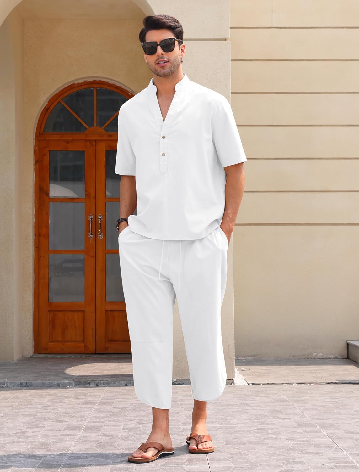 Men Linen Sets Outfits 2 Piece Short Sleeve V Neck Shirt and Harem Capri Pants Walking Suits For Men Beachwear - Image 2