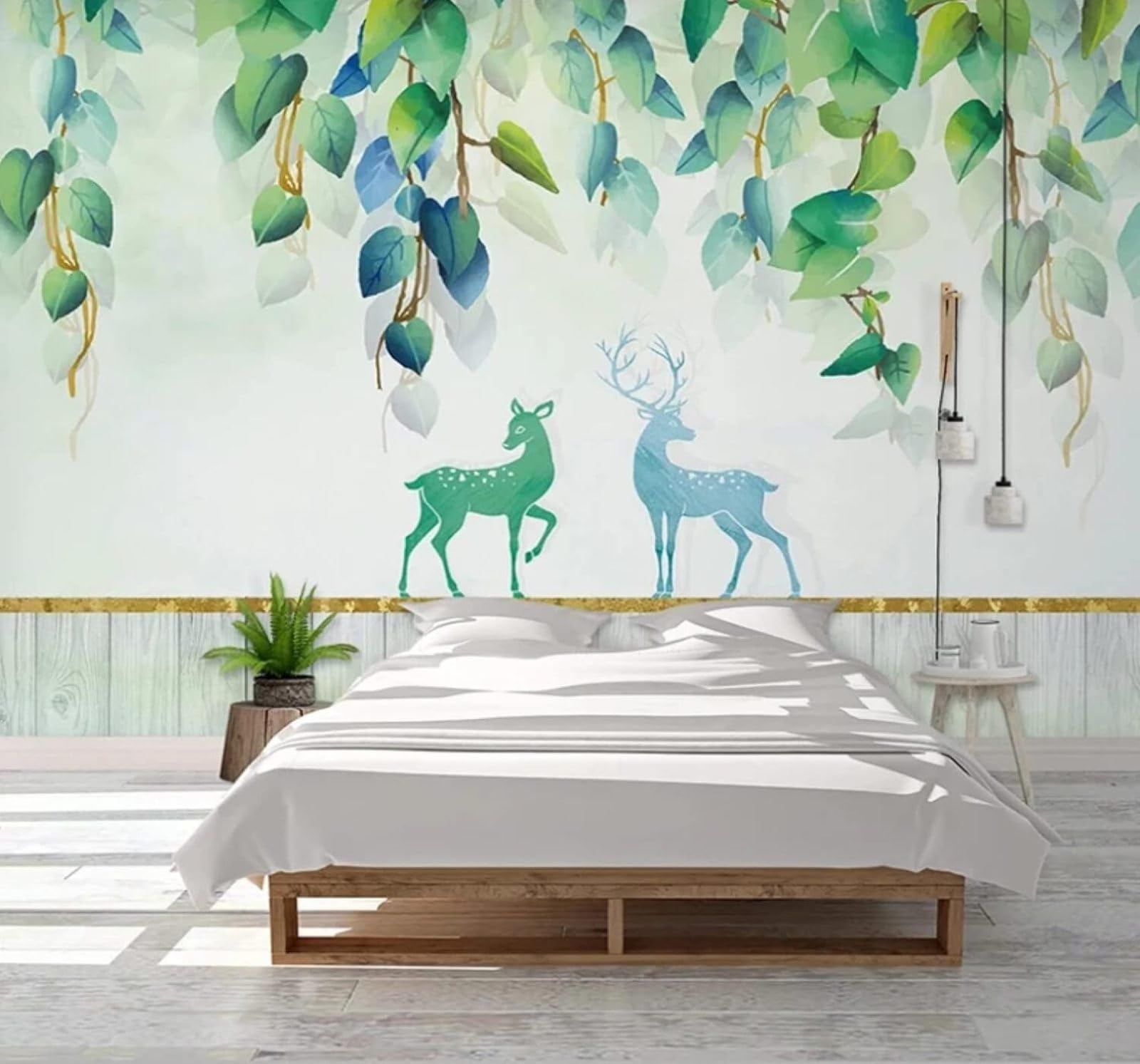 XLMING Fresh Hand Drawn Watercolour Green Leaves Moose 3D Wallpaper Luxury Silk Study Dining Feature Sofa Grey Bedroom Living Room Tv Decorative Wall-350cm×256cm