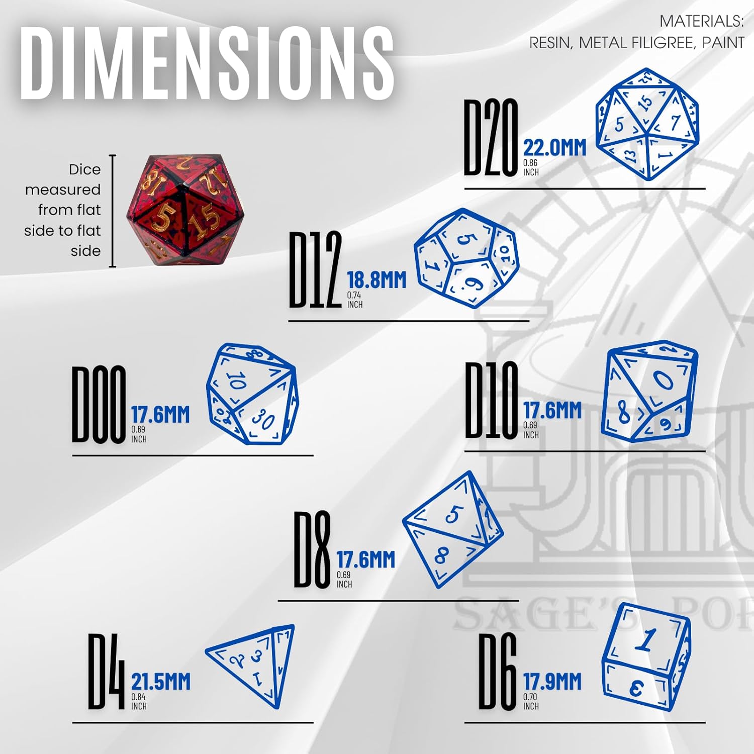 Sage's Encased Sharp Edge Resin Polyhedral Dice Set Unique 7 Piece Inner Core DND Dice for TTRPG Dunegons and Dragons Pathfinder (Arabesque Crimson)