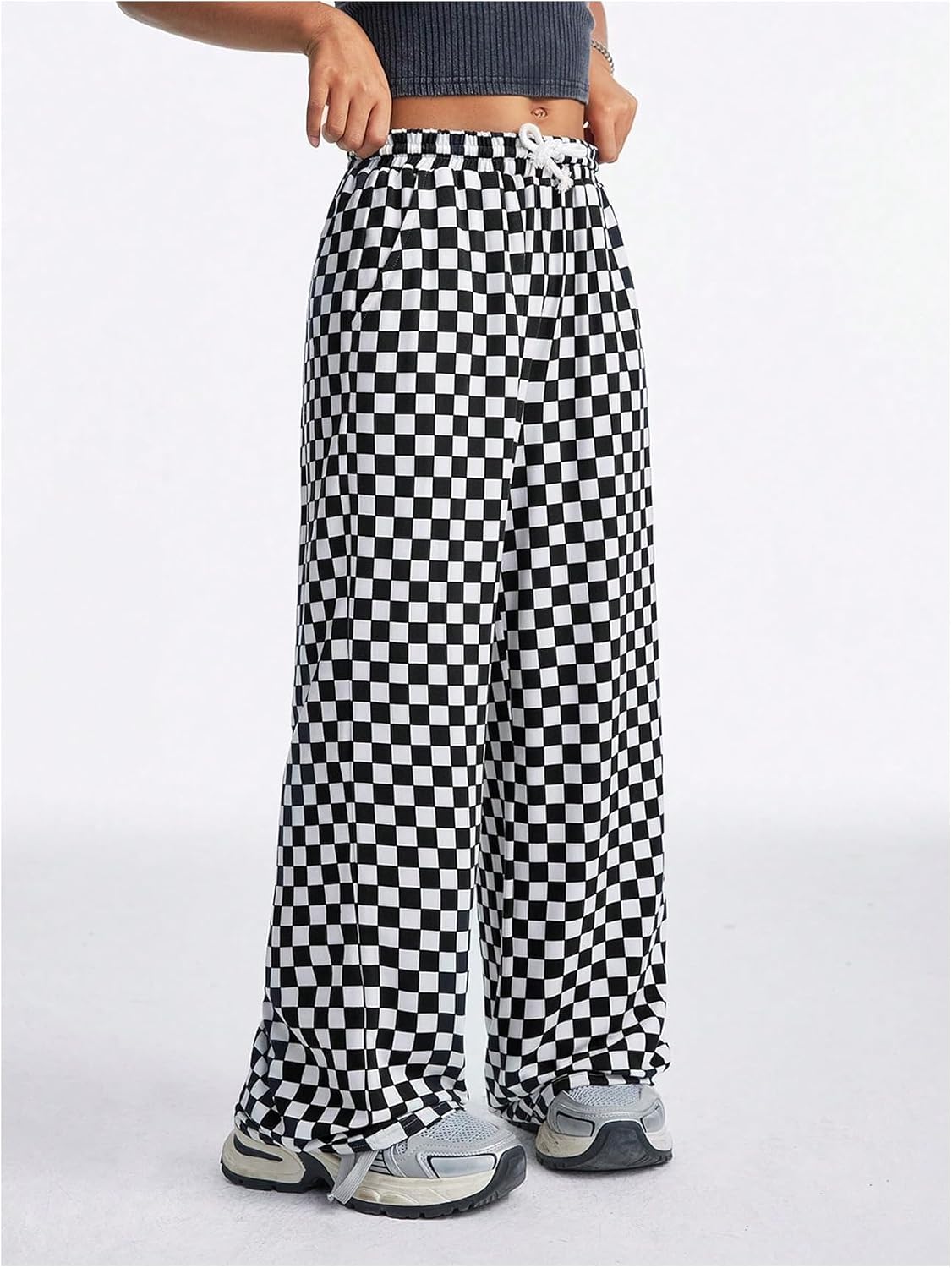 Floerns Girl's Grid Print Drawstring High Waist Checkered Pants Straight Leg Long Trouser