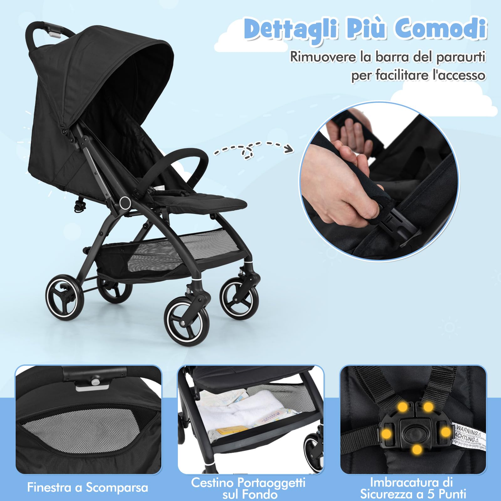 COSTWAY Passeggino Leggero per Bambini, Passeggino Pieghevole con Schienale Regolabile, Tettuccio, Cintura di Sicurezza a 5 Punti, Cestello Portaoggetti, per Bambini 0-36 Mesi (Nero)