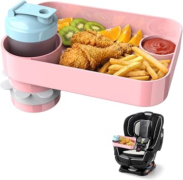 Car Seat Snack Tray for Toddlers, Large Square Travel Tray for Road Trips 1, Pink