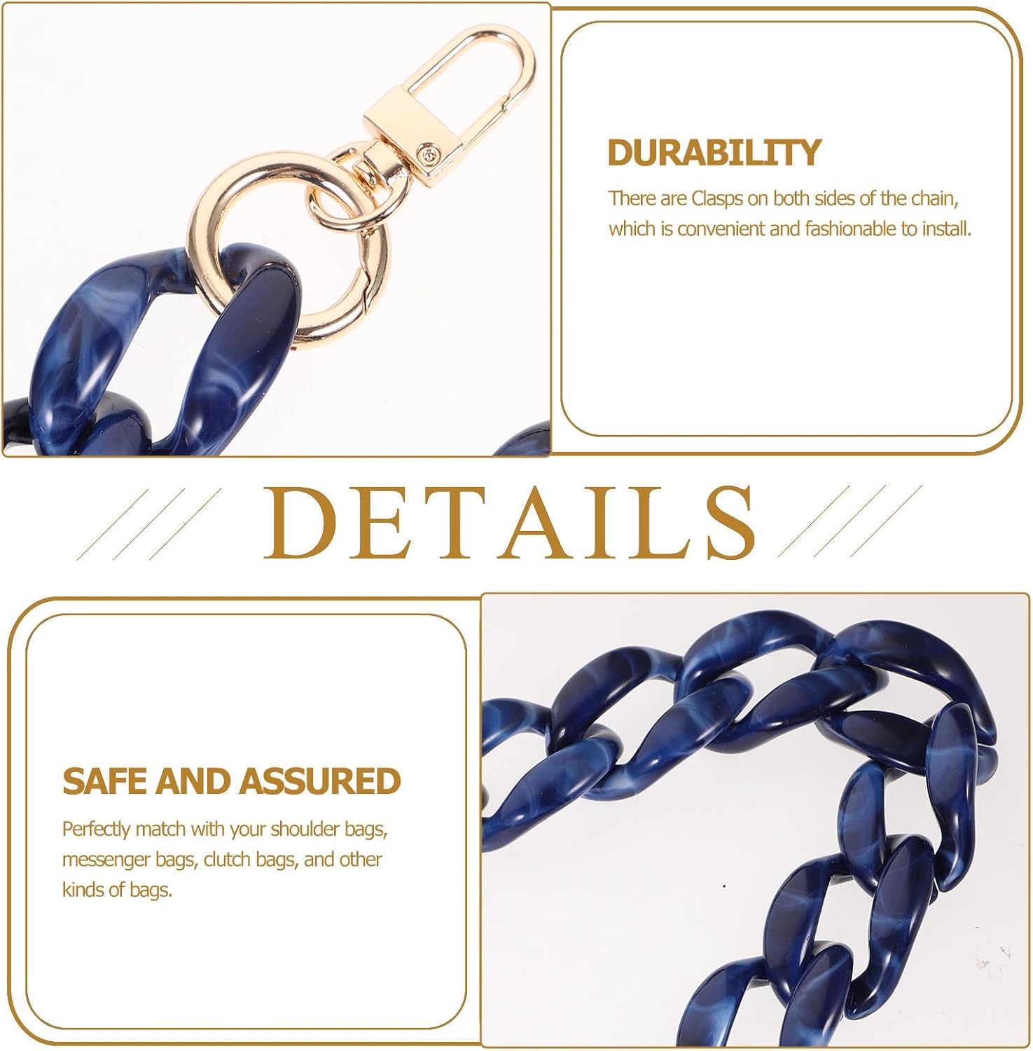 COOPHYA Vintage Handmade Detachable Acrylic Fishbone Purse Chain Strap 85cm Blue Shoulder Bag Accessory for Women Crossbody Bag Craft