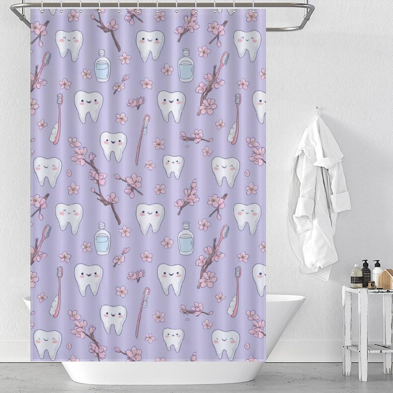 Cute Teeth Dental Care Shower Curtain 46.85x70.87Inch（119x180cm） Polyester Bath Curtain Shower Curtains Printed Decorative