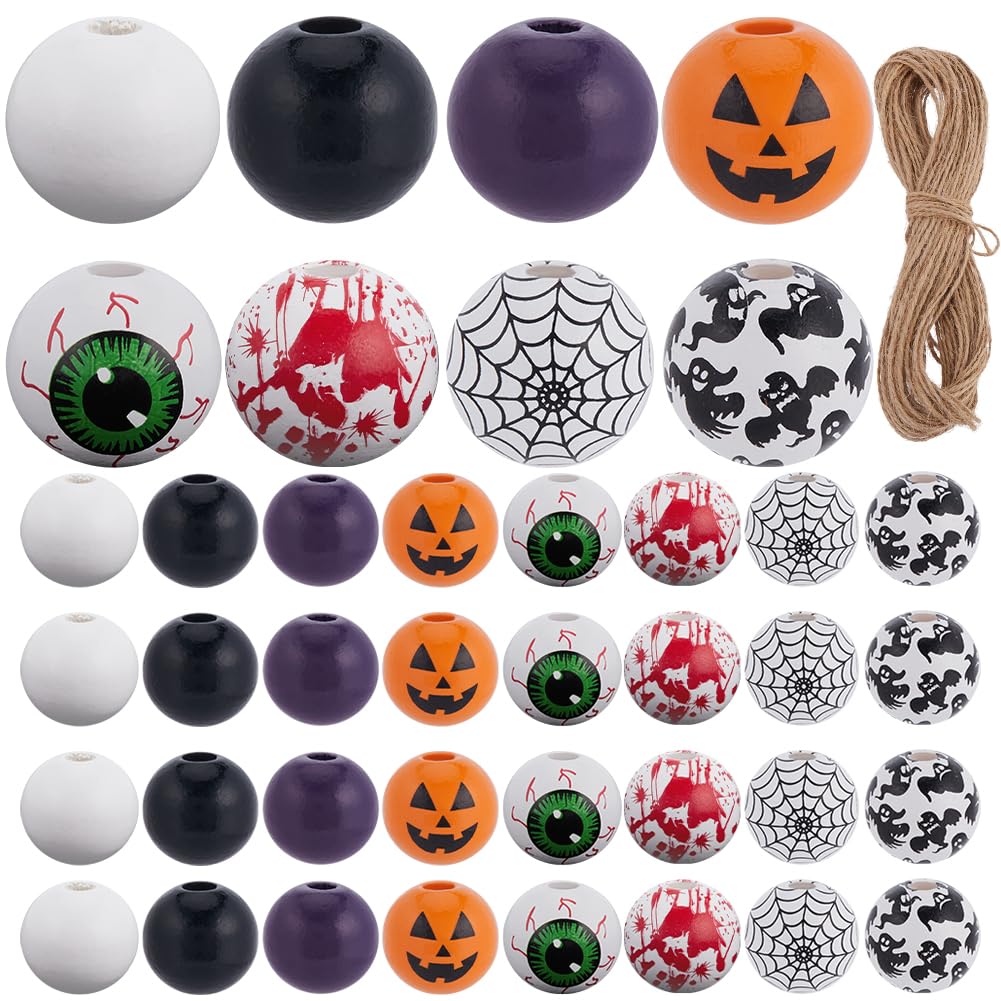 210 pz. Perline di Legno di Halloween Perline di Legno Natalizie Rotonde Perline Distanziatrici Ghirlanda Ornamenti Pendenti con Corda di Iuta per Creazione di Gioielli Forniture Fai Da Te Co