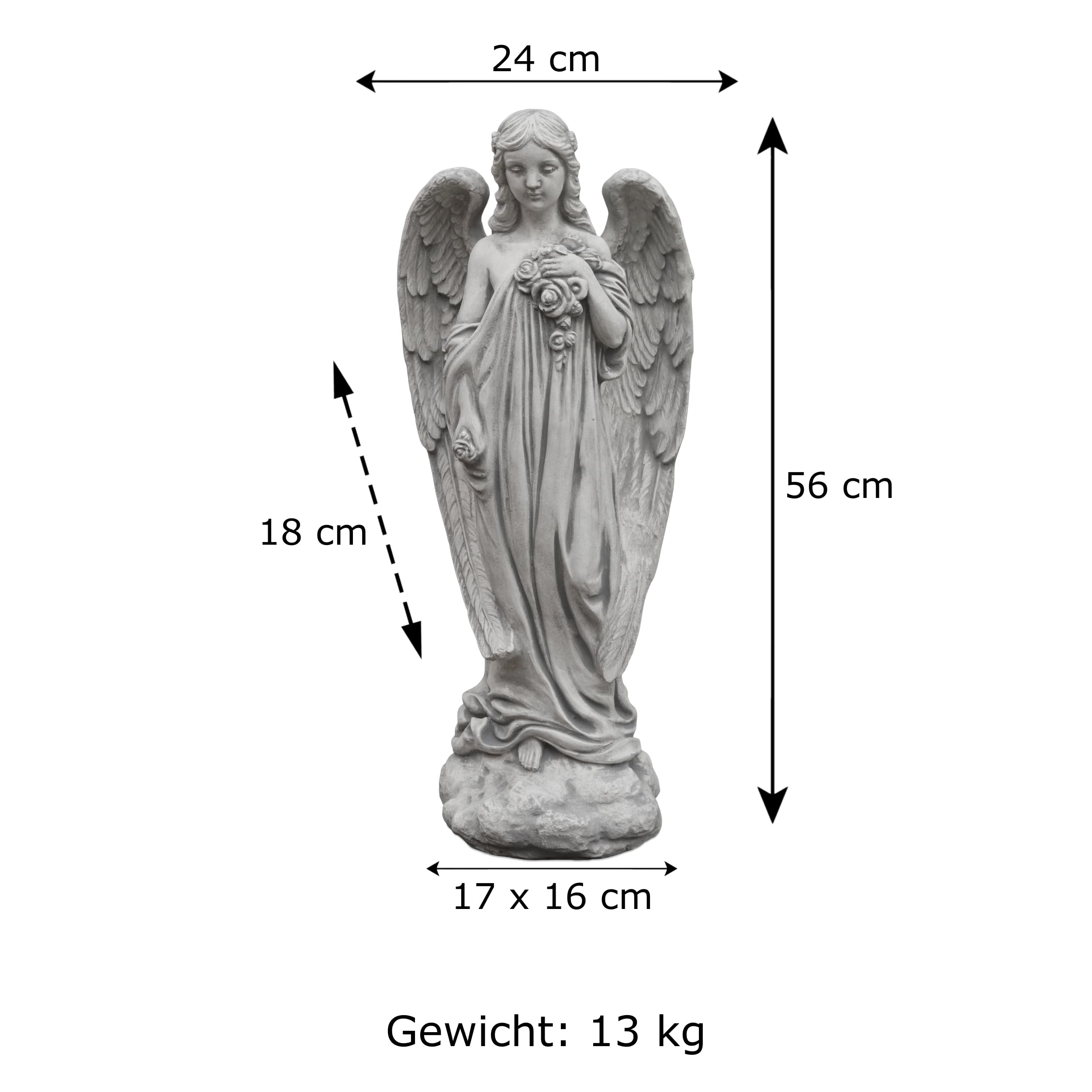 gartendekoparadies.de Engel mit Flügeln für Grab, Steinfigur H. 57 cm, 13 kg, Grau, frostsicher aus Steinguss für Außenbereich