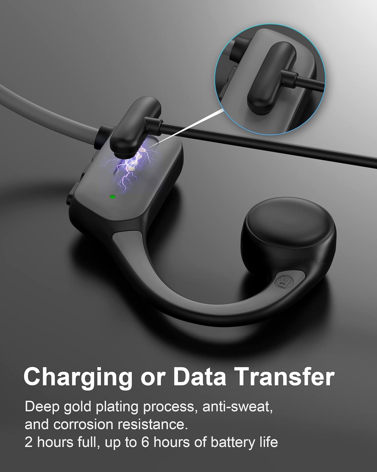 Close-up of Smalody headphones showing magnetic charging port and cable connection