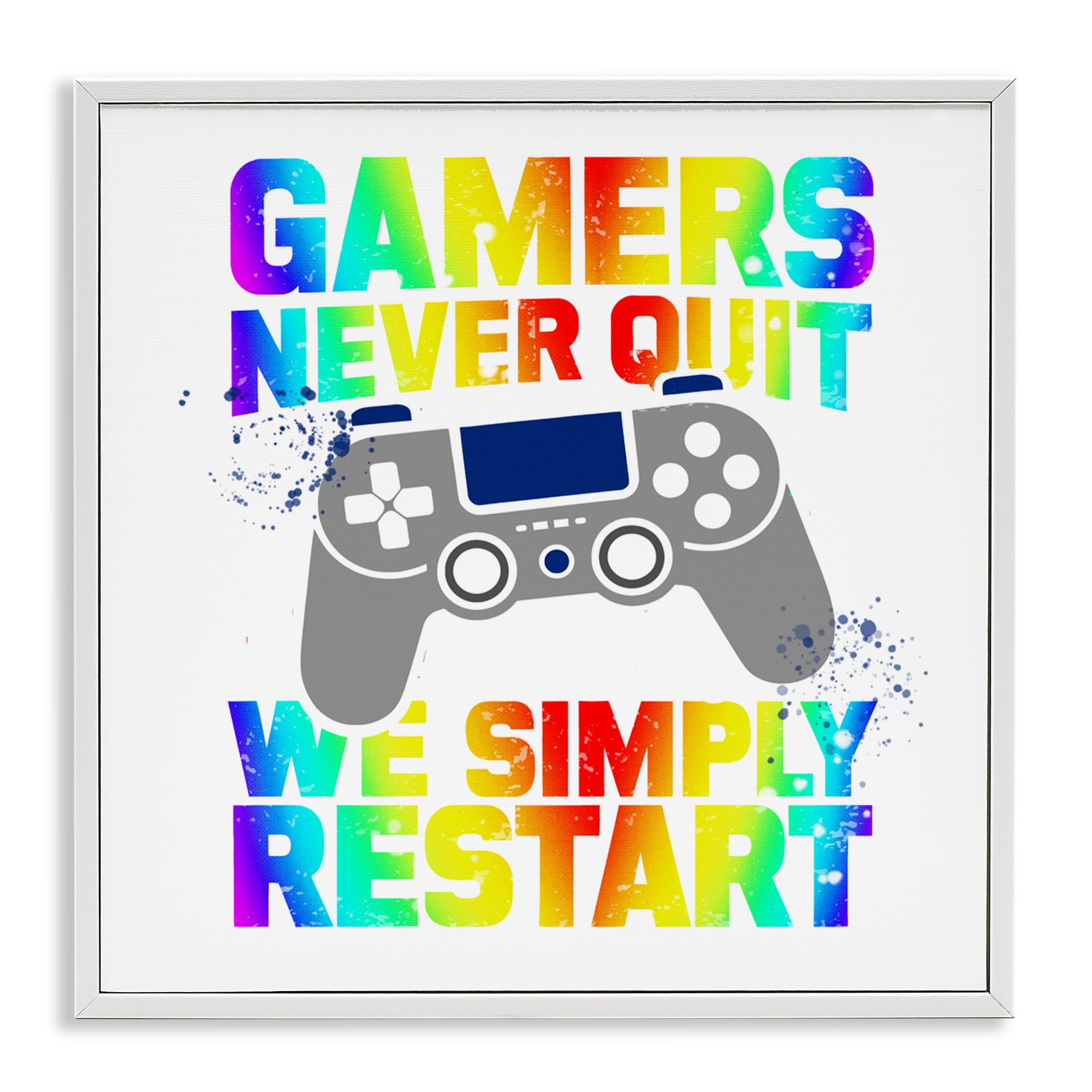 Gamers Never Quit cadre blanc Rainbow Stupell décor gaming salon
