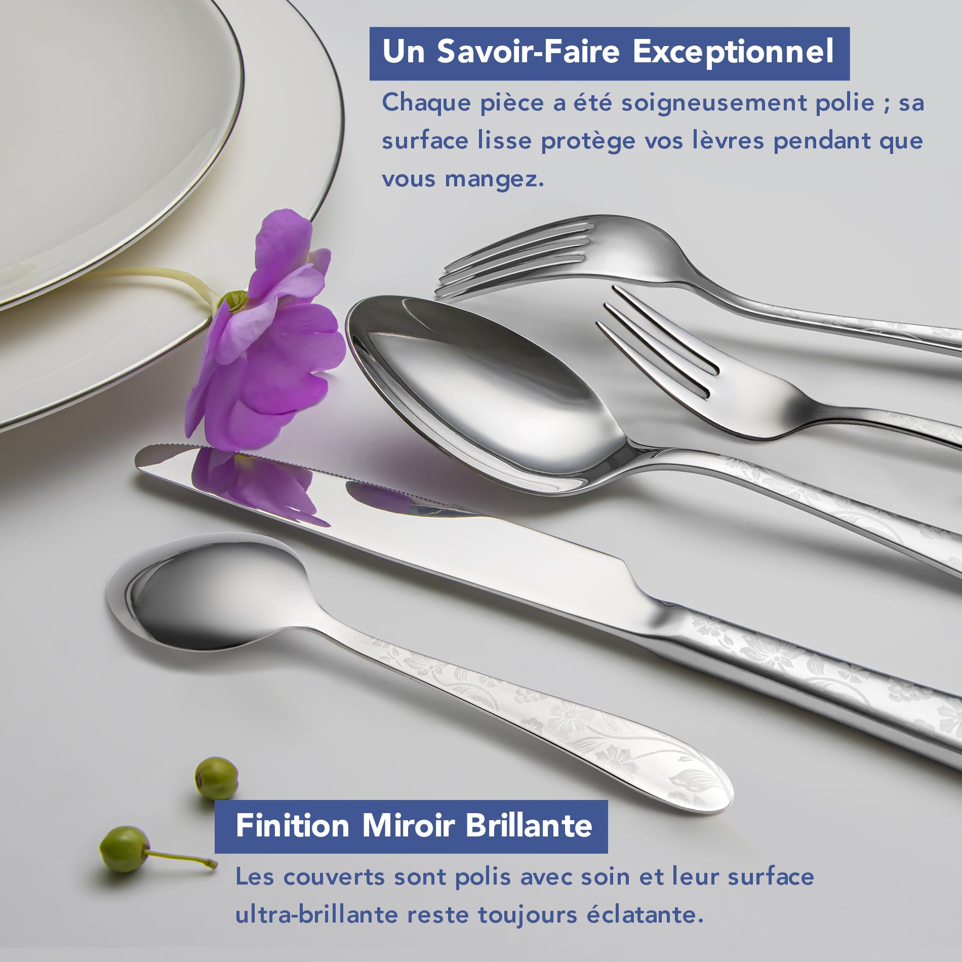 Lot de 60 Couverts de Table Inox pour 12 Personnes, Couteau Fourchette Cuillère, Motif Unique, Finition Brillante, Idéal Maison Cuisine, Lavable au Lave-Vaisselle