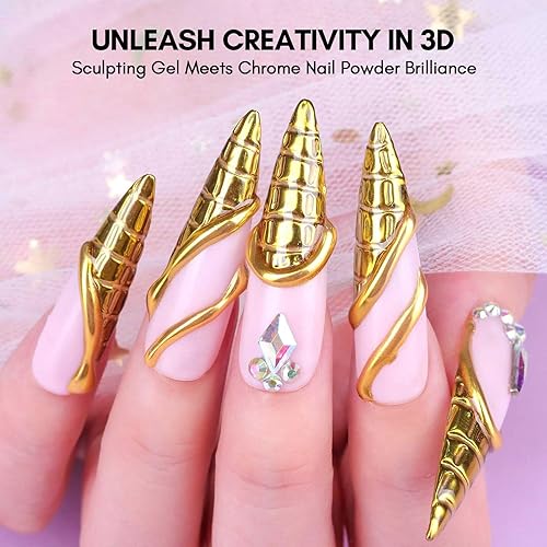 Miniatura 5 de Makartt Kit de gel de uñas 3D y polvo de uñas cromado, gel para esculpir para arte de uñas, 0.51 oz (15 g), gel de moldeo 3D sin limpiar y polvo