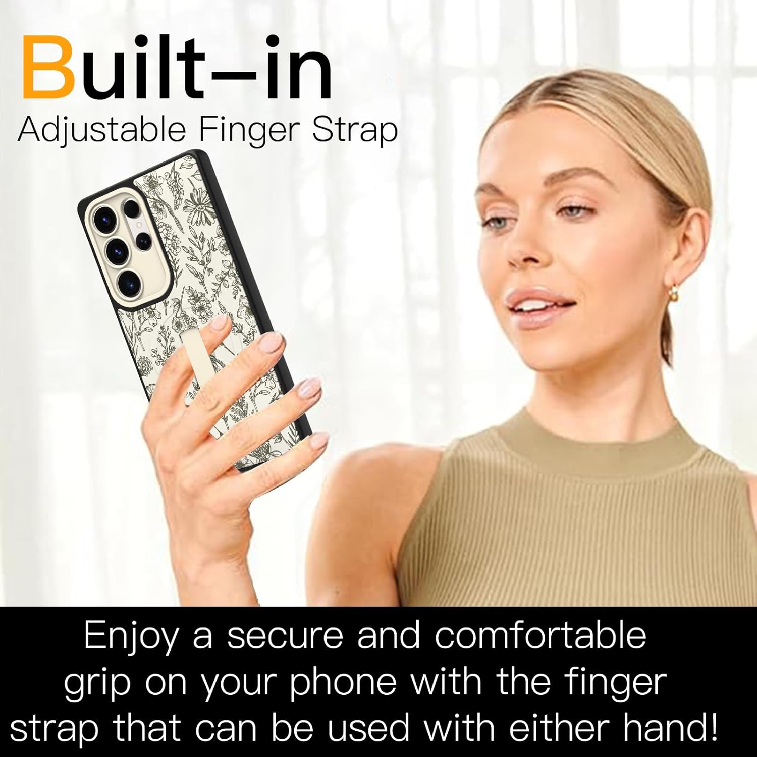 SOKAD Magnetic Sage Floral Case for Samsung Galaxy S25 Ultra with Finger Strap Kickstand, Compatible with Magsafe, Vintage Flower Designed for Women Men, Full Camera Protection Cover, Beige - Image 3