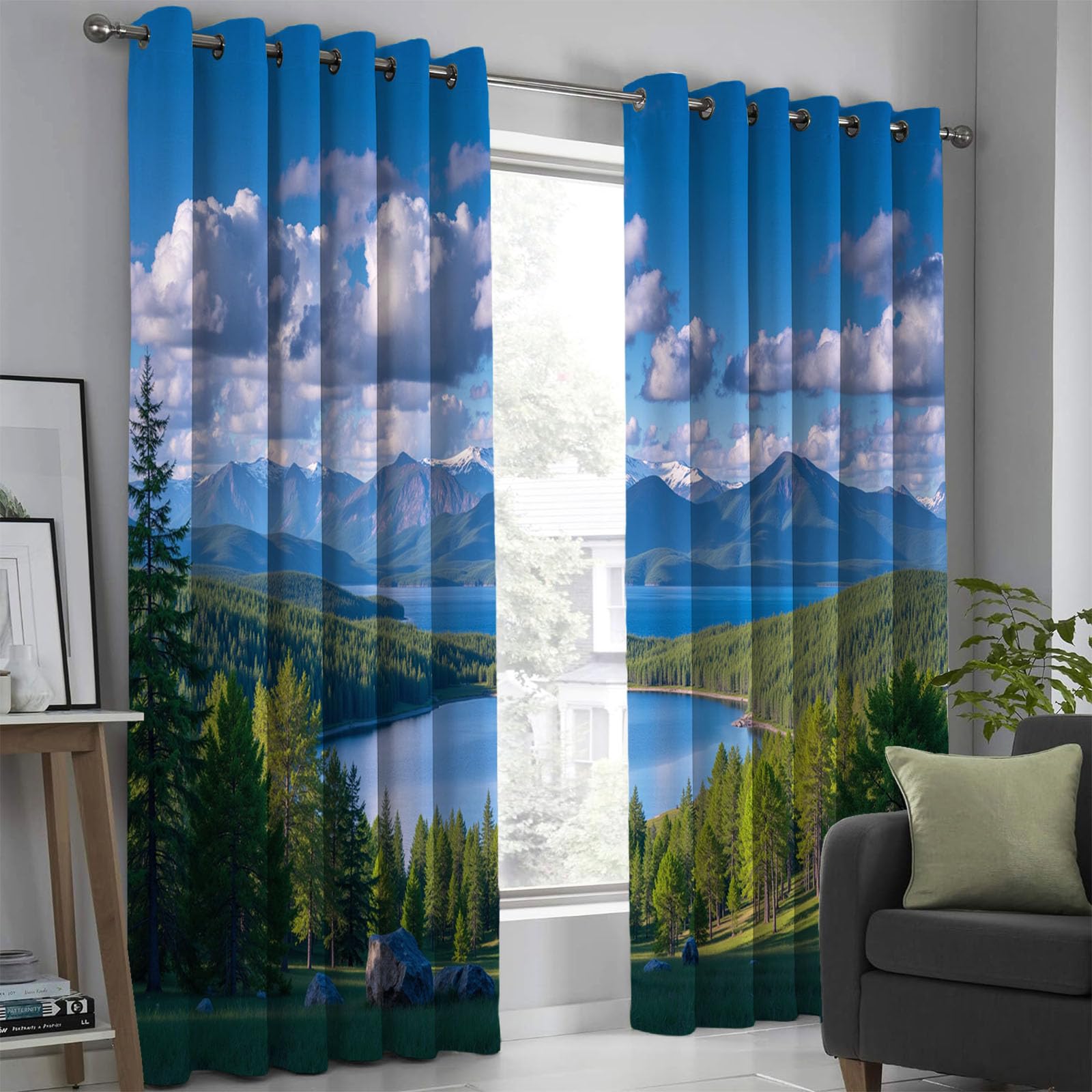 Rideau de décoration pour chambre et salon au design de paysage de lac et ciel pur