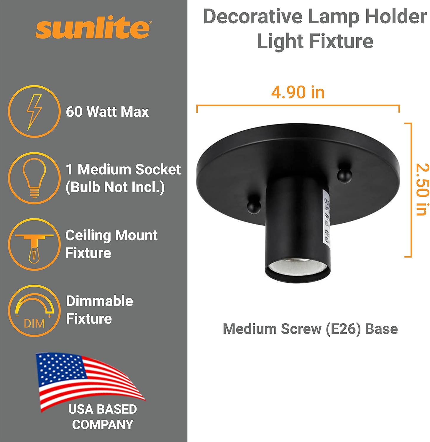 Sunlite 41606 Decorative Lamp Holder Light Fixture, 2-Pack, Medium Base (E26), 60 Watt Max (Bulb Not Included), Indoor Use, Steel Construction, Matte Black Finish, ETL Listed for Damp Location Use