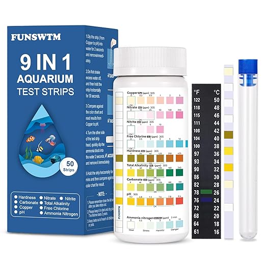 Aquarium Test Strips for Freshwater Fish – 9 in 1 Fish Tank Water Test Strips, Fast & Easy Color Chart for Beginners, Test Ammonia Nitrite Nitrate pH Chlorine Hardness, 50 Strips