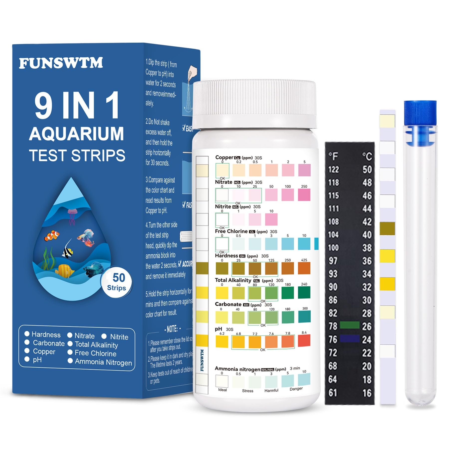 Aquarium Test Strips for Freshwater Fish – 9 in 1 Fish Tank Water Test Strips, Fast & Easy Color Chart for Beginners, Test Ammonia Nitrite Nitrate pH Chlorine Hardness, 50 Strips