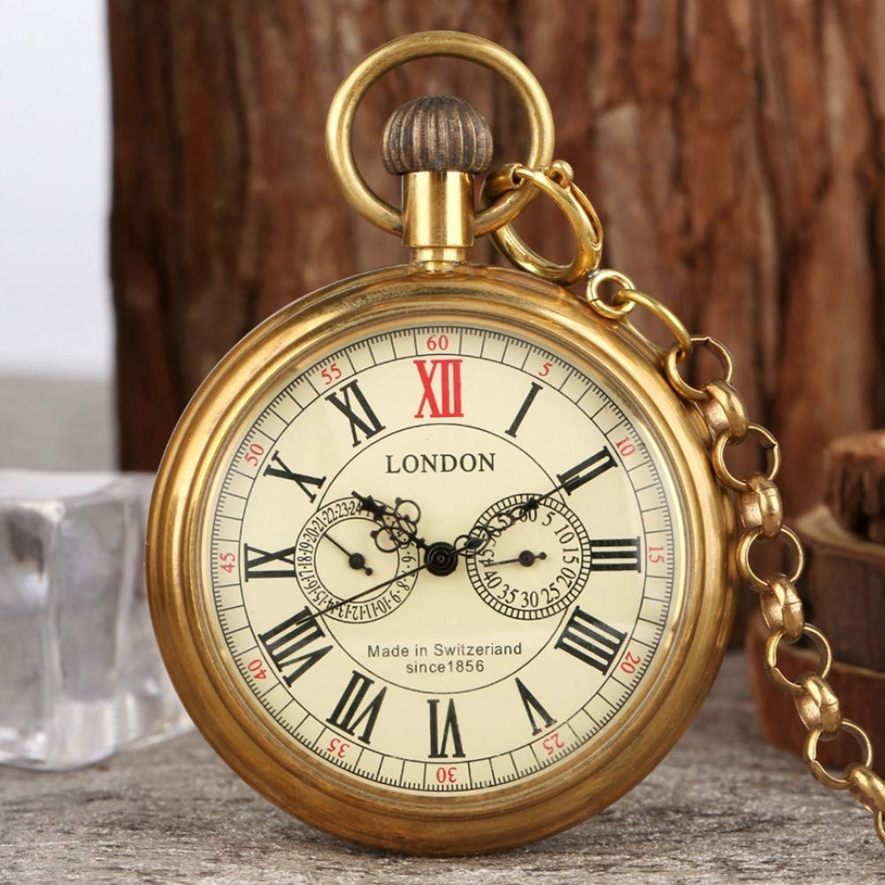 Reloj de Bolsillo Antiguo de Cobre de Londres, 1856, Reloj de Bolsillo mecánico Antiguo de 5 manecillas y Cuerda Manual, Reloj de Bolsillo para Hombre con Esqueleto, Cadena de 30 cm