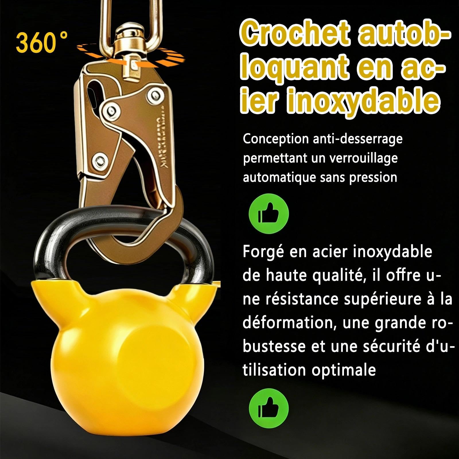 10m Dispositif Antichute a Rappel Automatique, Charge Max 150kg | Harnais de Securite Anti Chute Toiture et Travaux en Hauteur, Stop Chute Toiture avec Crochet Autobloquant 360° (Jaune,10m)