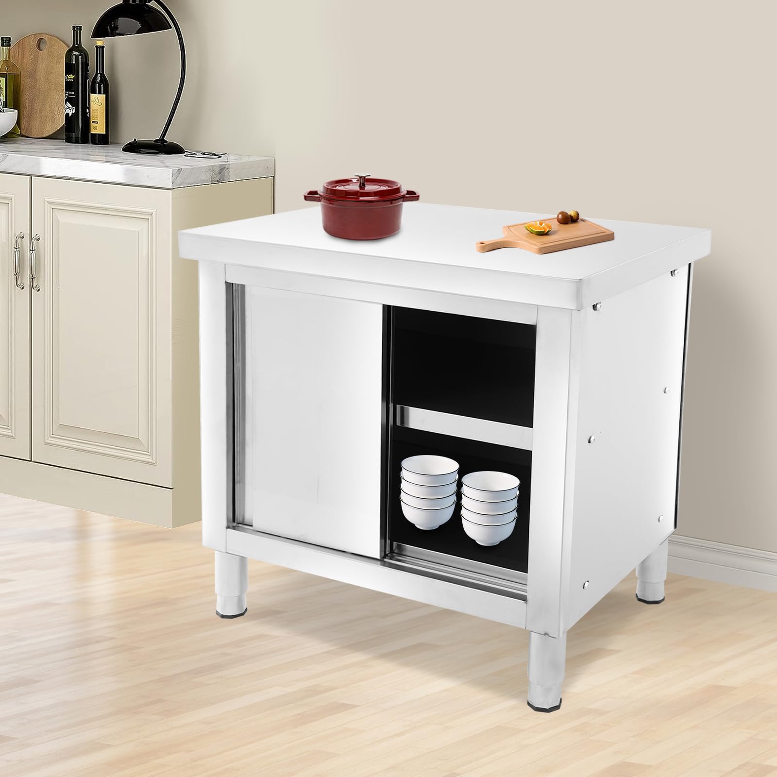 Stół roboczy ze stali nierdzewnej z drzwiami przesuwnymi, 80 x 60 x 80 cm, zewnętrzna szafka kuchenna, stół ze stali nierdzewnej, mobilny stół gastronomiczny z regałem i szufladami