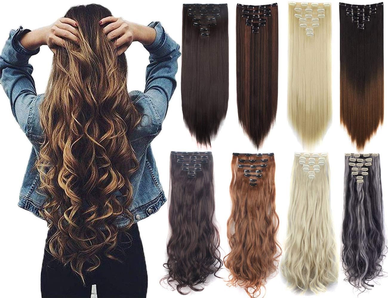 7Pcs 16 Clips 23"-24" Thick Curly Straight Full Head Clip in on Double Weft Hair Extensions