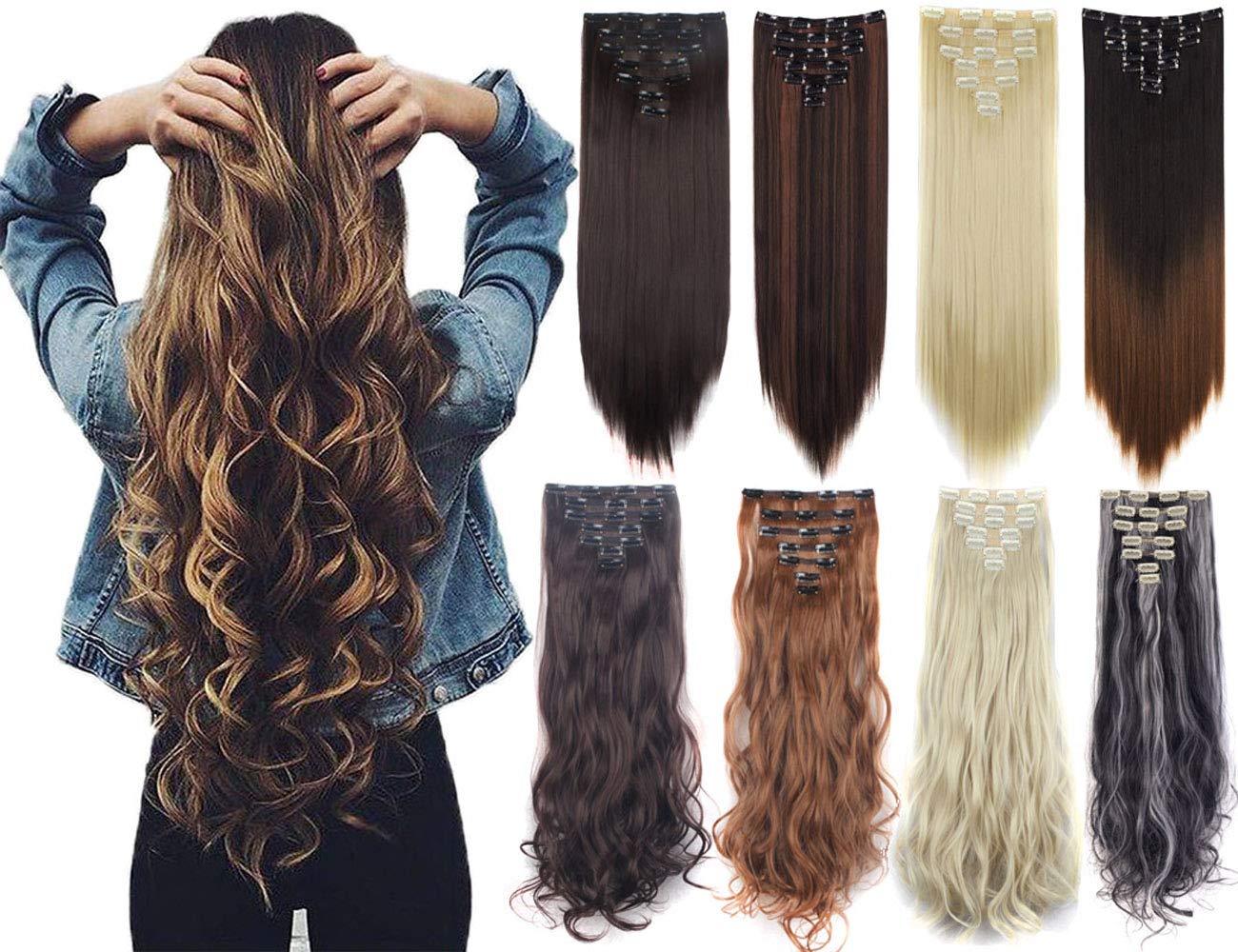 7Pcs 16 Clips 23"-24" Thick Curly Straight Full Head Clip in on Double Weft Hair Extensions