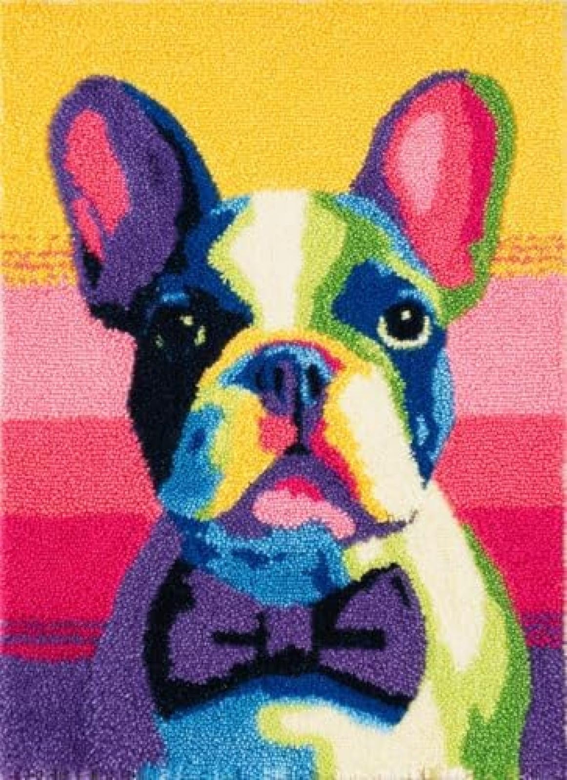 XDEGHUANGSS Latch Hook Rug Kit French Bulldog Puppy with A Bow Tie Cushion Cover DIY Craft Set Pre-Printed Mat 38x52cm for Home Decor-2