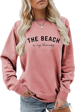 Crewneck Sweatshirt for Women Pullover, The Beach Is My Therapy Loose Fit Long Sleeve Shirts Graphics Tops