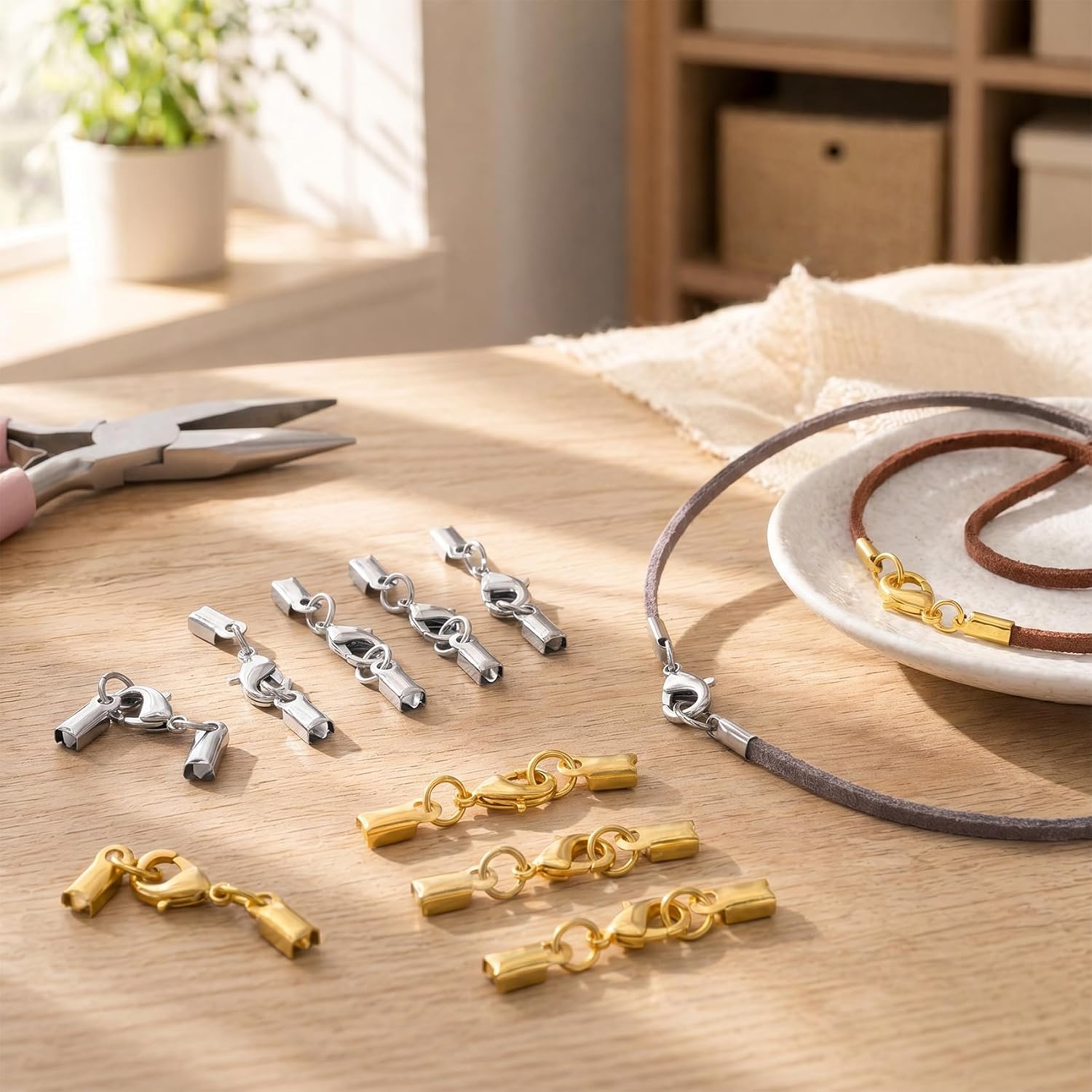 6pcs Cord End Caps with Lobster Clasp, 1.34×0.16in, Gold & Silver