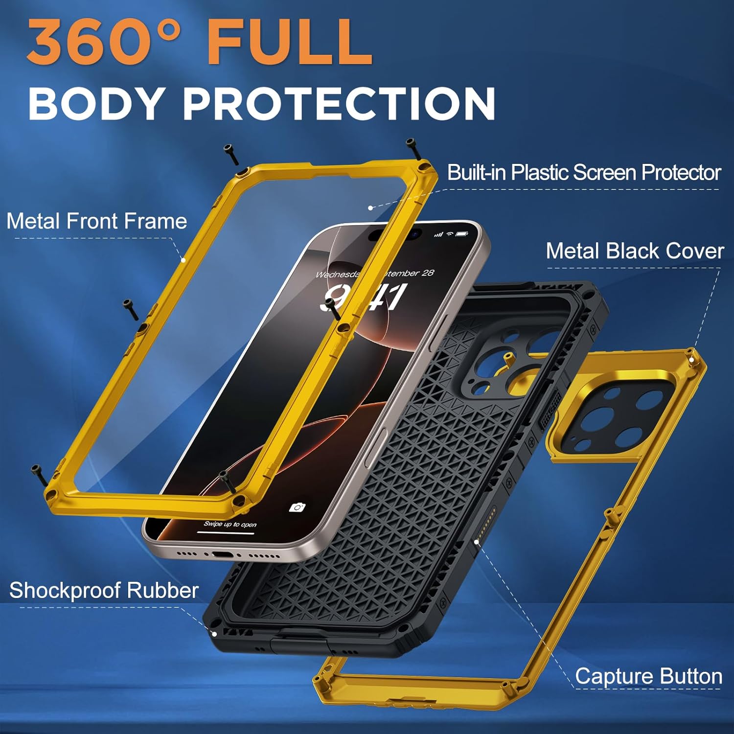Beasyjoy for iPhone 16 Pro Max Case Waterproof, Metal Heavy Duty Full Body Protective Case with Built-in Screen Protector, Military Grade Shockproof Defender Cover for iPhone 16 Pro Max 6.9", Yellow