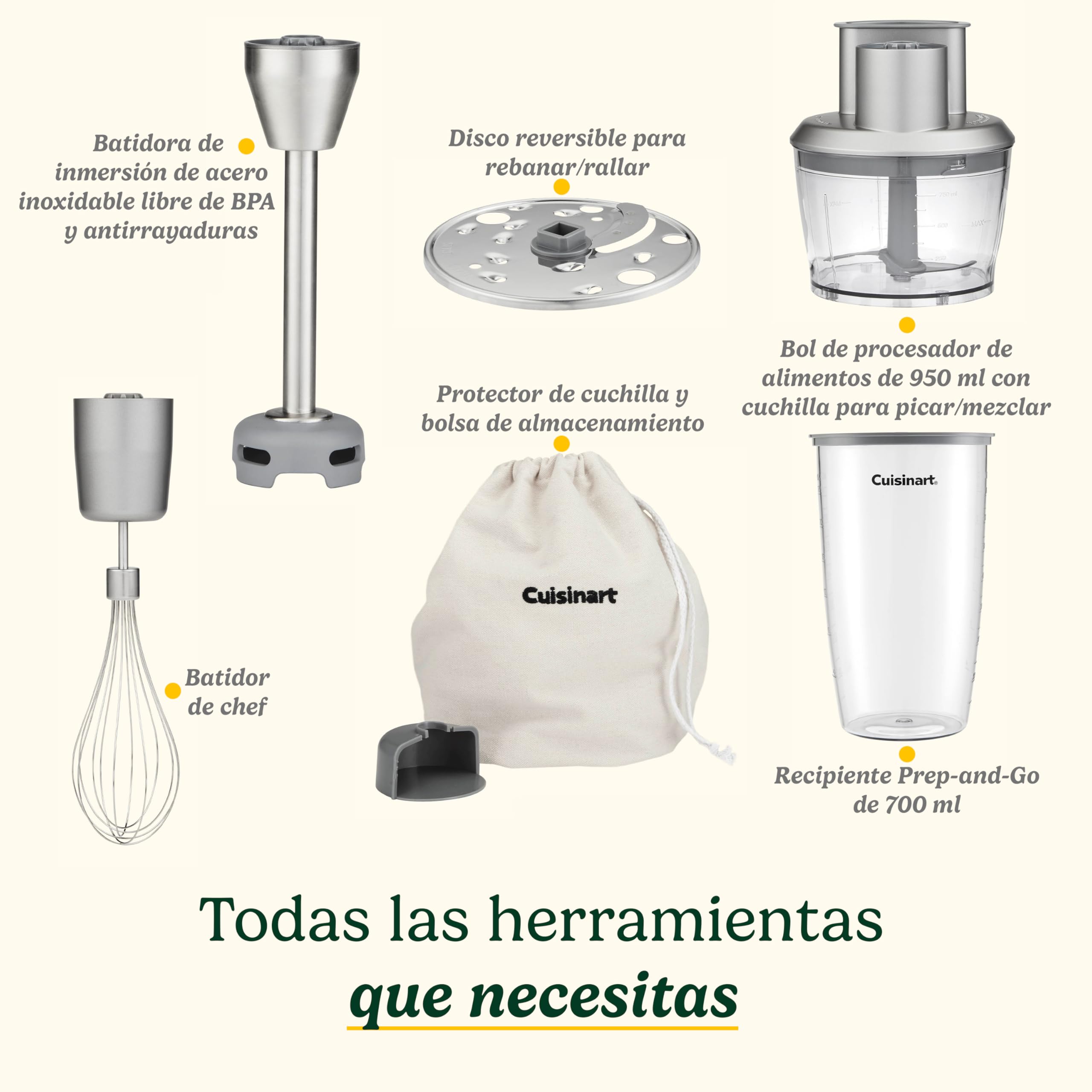 Cuisinart Power Blend batidora de inmersión 400 W con velocidad variable, cuchilla de acero inoxidable, campana antirrayaduras sin BPA, bol procesador, batidor y recipiente Prep-and-Go.
