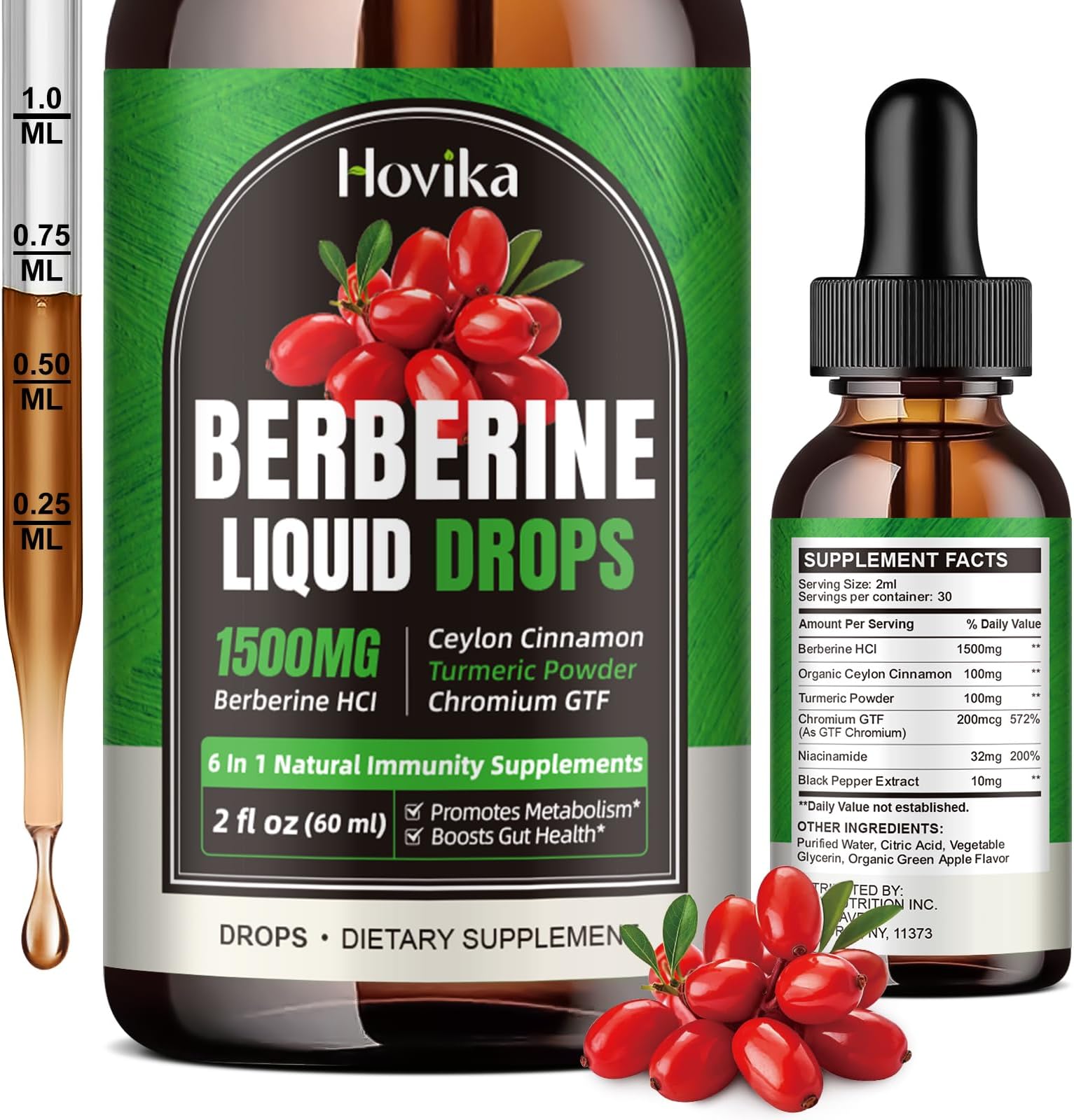 Berberine HCL Liquid Drops - 1500 mg Berberine Supplement with Ceylon Cinnamon, Chromium, Turmeric, Niacinamide - Supports Metabolism and Immune System, Gut Health - 2 FL Oz Vegan