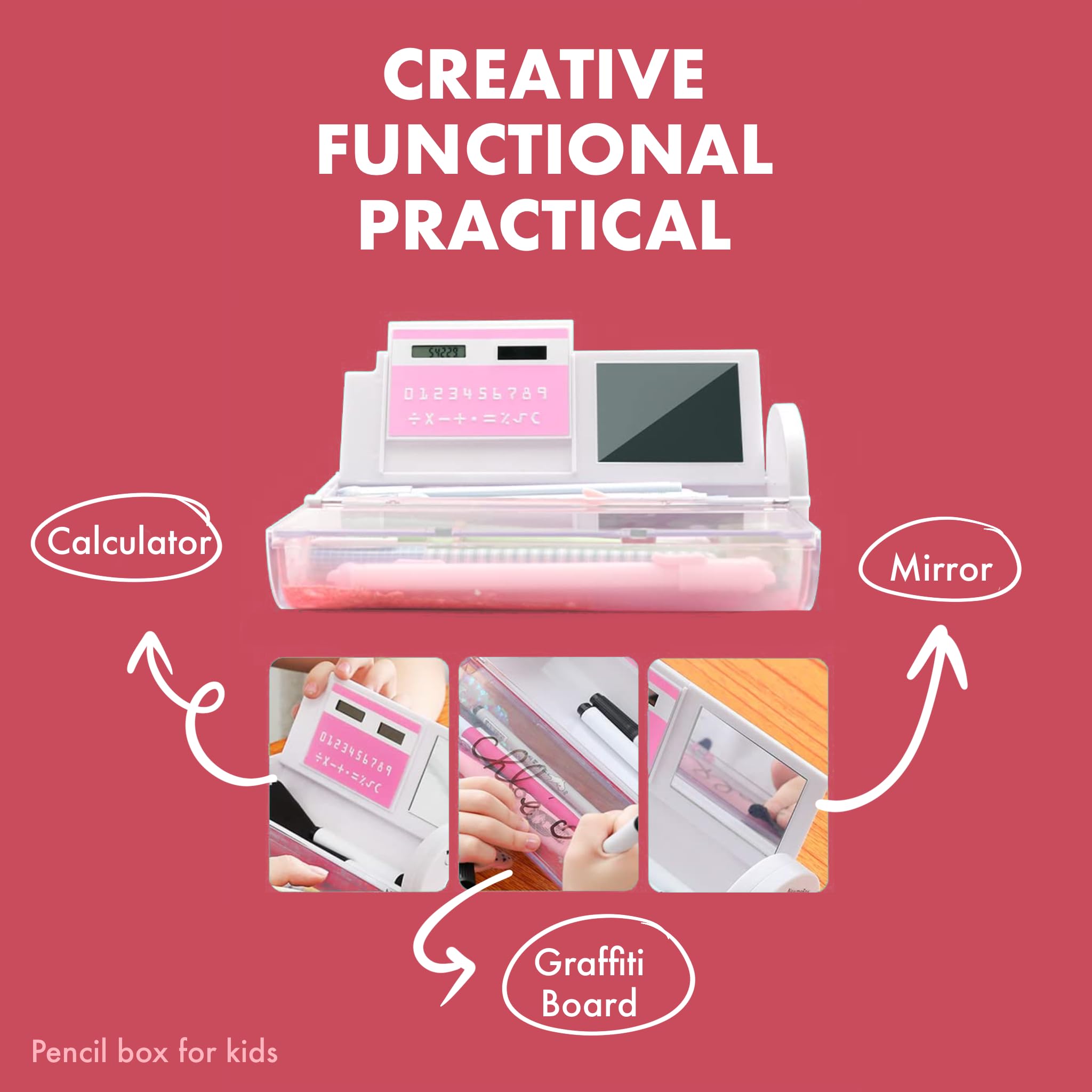 SNAPTRON Latest Pencil Box for Girls Kids - Multi-Function Pencil Case with Calculator, White Board, Marker & Storage, School Box for Girls Cute Geometric Compass Pouch Accessories 1