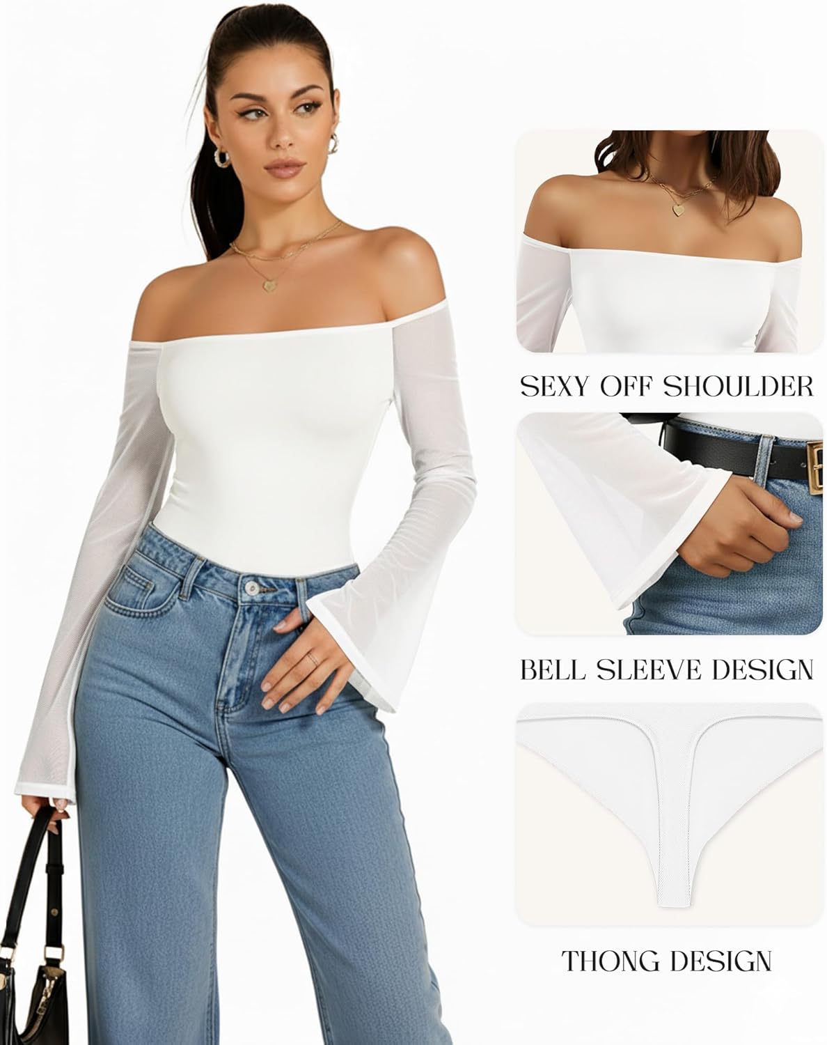 MANGOPOP Women's Off The Shoulder Double Lined Bodysuit Mesh Bell Sleeve Body Suits Sexy Going Out Fall Backless Tops 2025 - Image 4