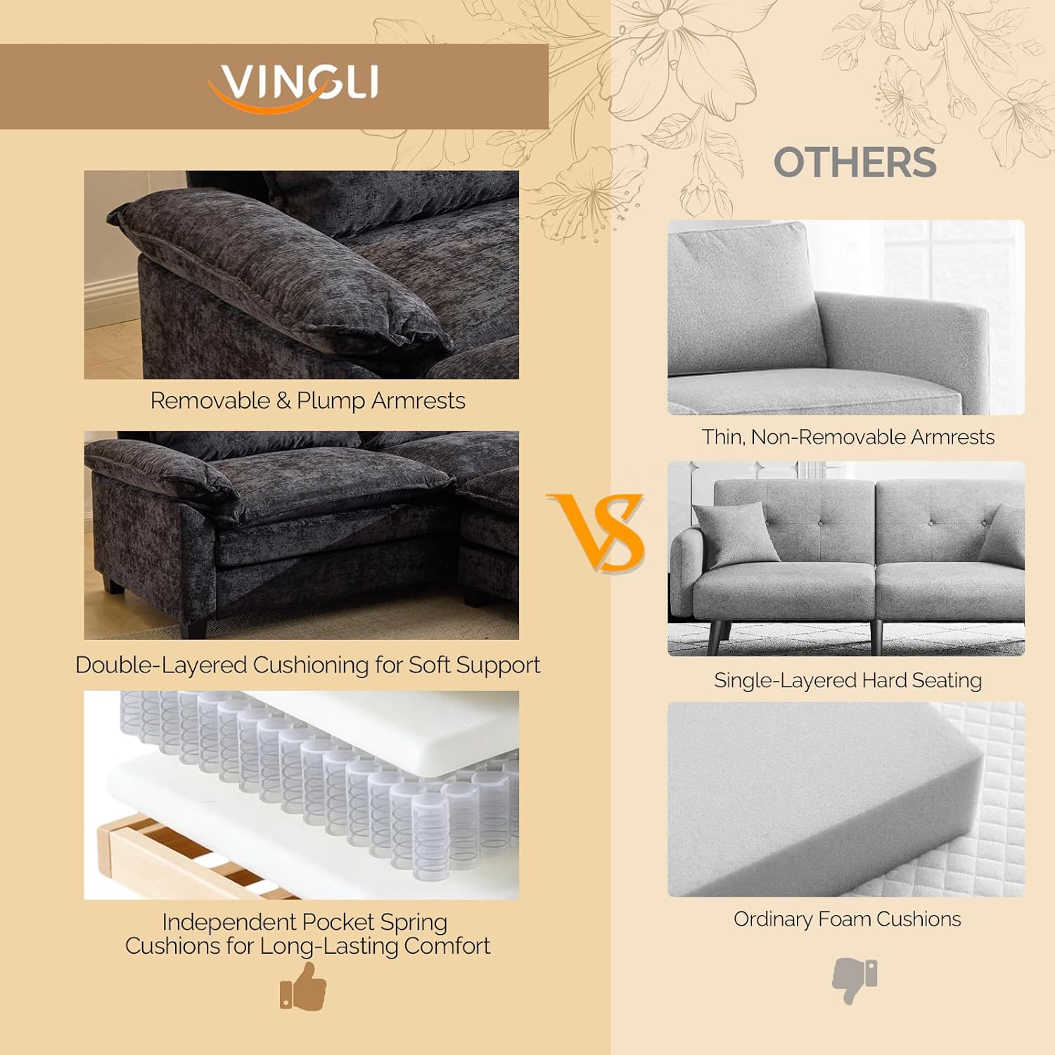 VINGLI 87" Convertible Sectional Sofa,L-Shape Deep Seat Sofa Couch for Living Room,Modern Chenille 2 Seat Loveseat Sofa with Ottoman for Small Space(Black, 87")