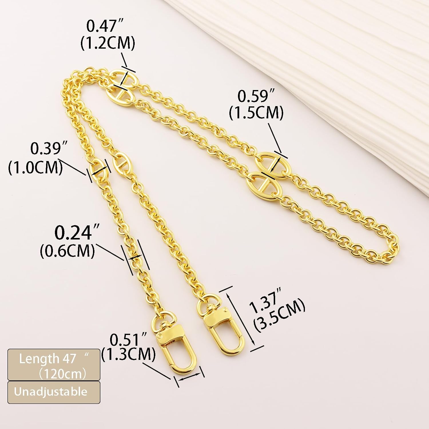 Luxury Solid Brass Chain Strap Replacement for Mini Evelyne, 18K Gold Plated Crossbody Shoulder Strap with Metal Clasps, Elegant Accessory for Designer Nano Bags (Gold 47.2 Inches)