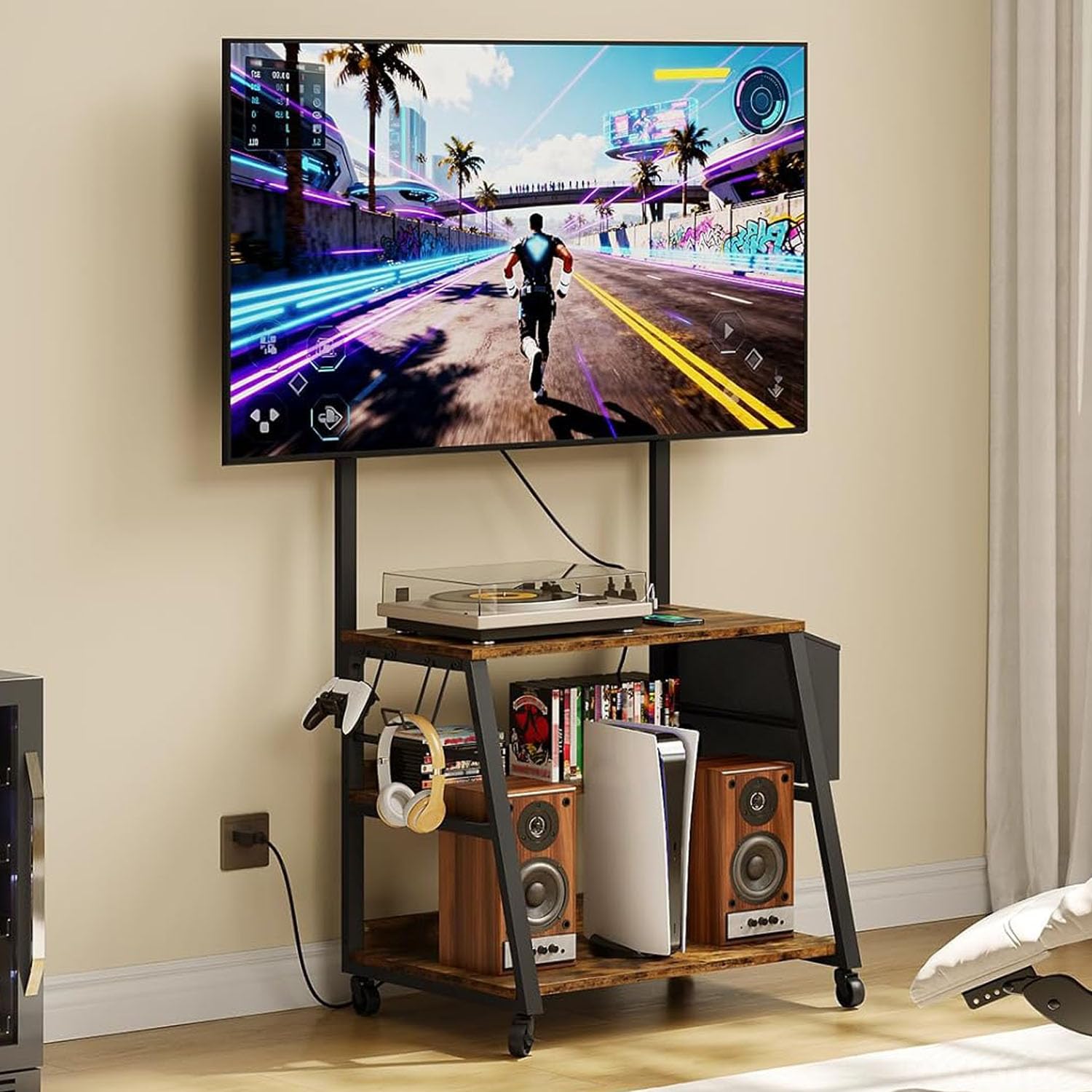 CHOEZON Mobile TV Stand con stazione di ricarica, supporto regolabile e ruote, tavolo console TV rotolante, centro intrattenimento, per TV fino a 75 pollici, ripiano portaoggetti a 3 ripiani, marrone