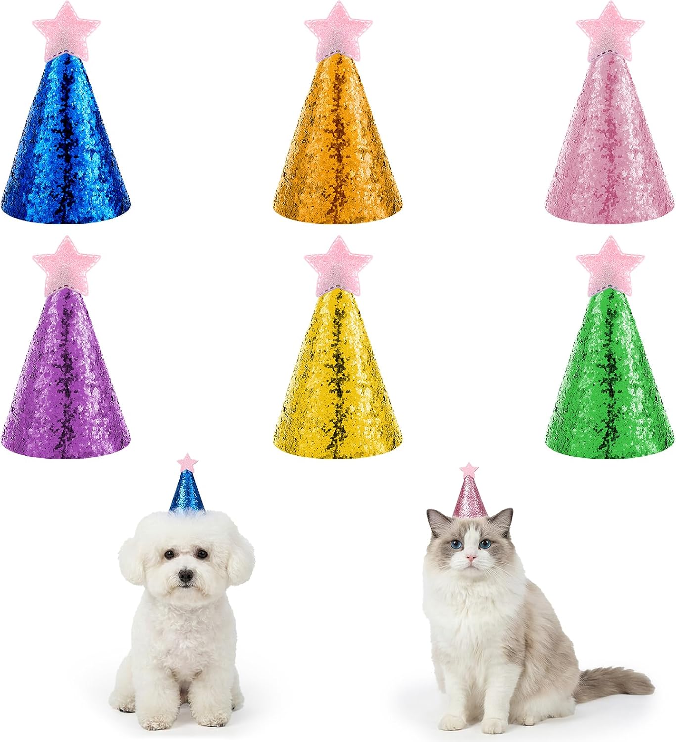 6PCS Mini Party Hats for Stuffed Animals, Colorful Mini Birthday Party DIY Felt Cone Hats for Small Dogs Cats Partys Animals Toy Figures, Colorful Felt Animal Birthday Decorations Accessories