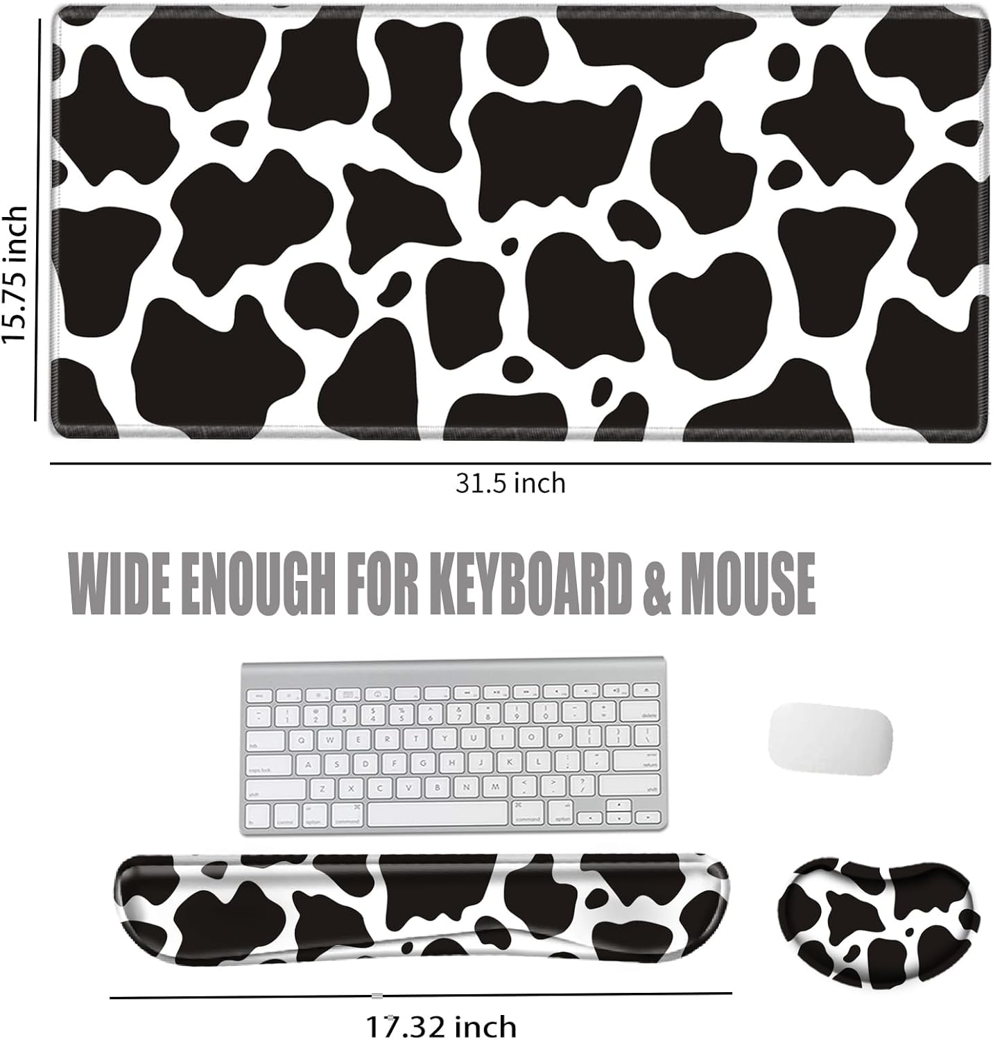 Cow Print Desk Pad Mat Large Mouse Pad and Keyboard Wrist Rest Set 3 in 1 Desk Protector Mat XXL Keyboard Pad with Wrist Support for Desktop Cover Home Work Office Computer