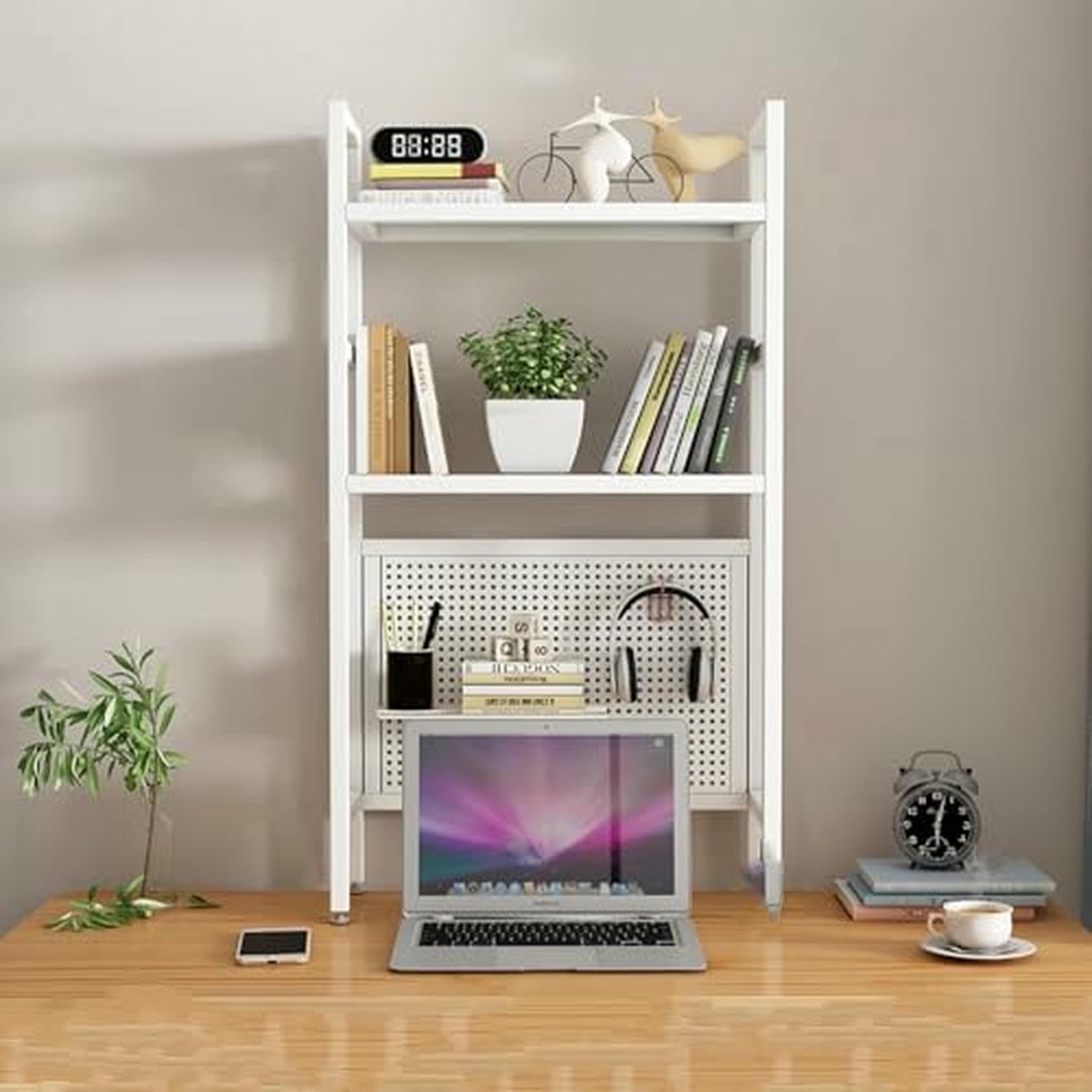 CWCQGH Black Desktop Hutch & Bookshelf - 95cm Student Pegboard Bookcase for Dormitory & Home Office - Computer Desk Storage Rack & Display, Single Layer Organization Solution,White Double Layer-55cm