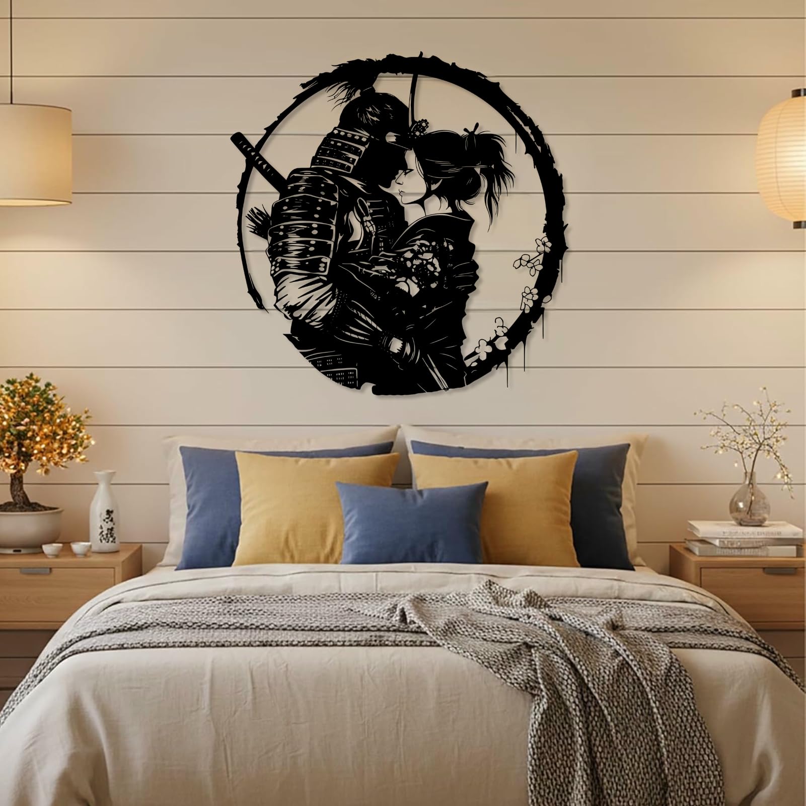 Arte de Pared de Metal Negro con Figura de Geisha samurái, decoración de Pared Japonesa de Metal, Escultura Moderna de Arte samurái para Sala de Estar, Dormitorio, Pasillo y escaleras (Plate
