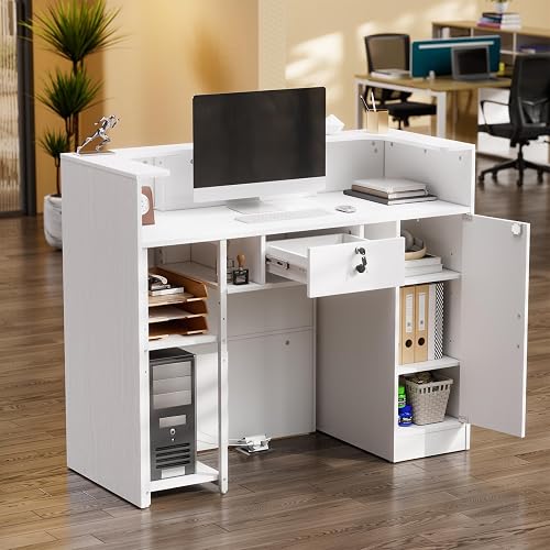MSFE Banco Receptio con LED, 120cmX100cmX50cm Bancone Reception con Cassetti e Armadi Chiudibili, Bancone Cassa, Armadio Bancon Vendita, Mobili per reception, per Hotel, Ufficio,Centro Estetico - 7