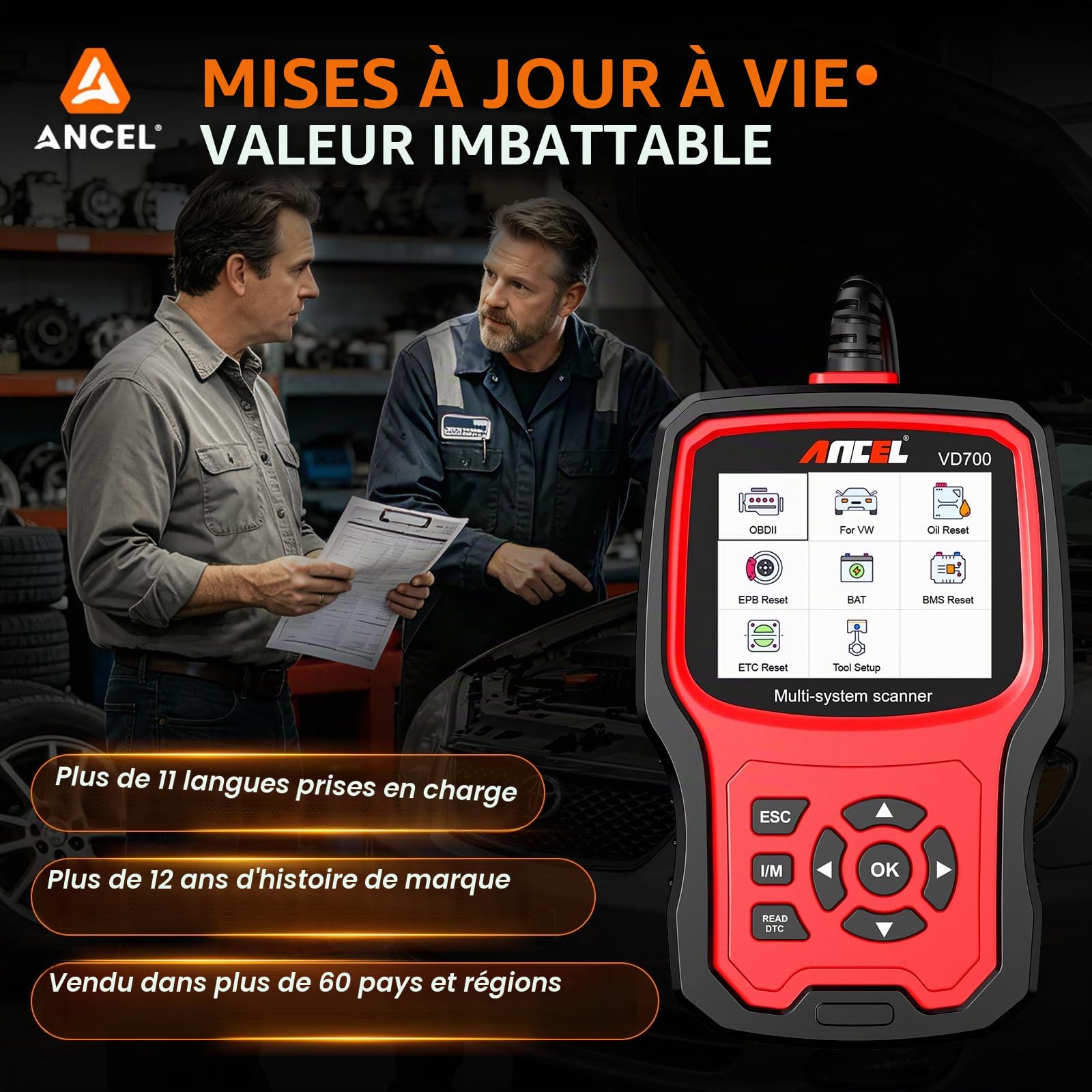 ANCEL VD700 Valise Diagnostic Auto, 8 Reset pour Voiture VW Audi Skoda Seat