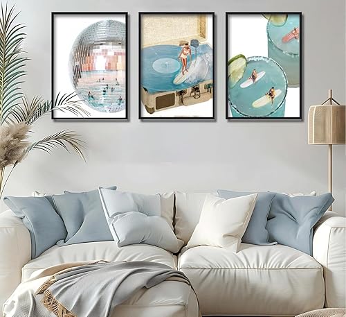 Miniatura 2 de 3 piezas de lienzo azul de moda preppy arte de pared retro de bola de discoteca estética bar carro póster impreso ilustraciones azul costero niña