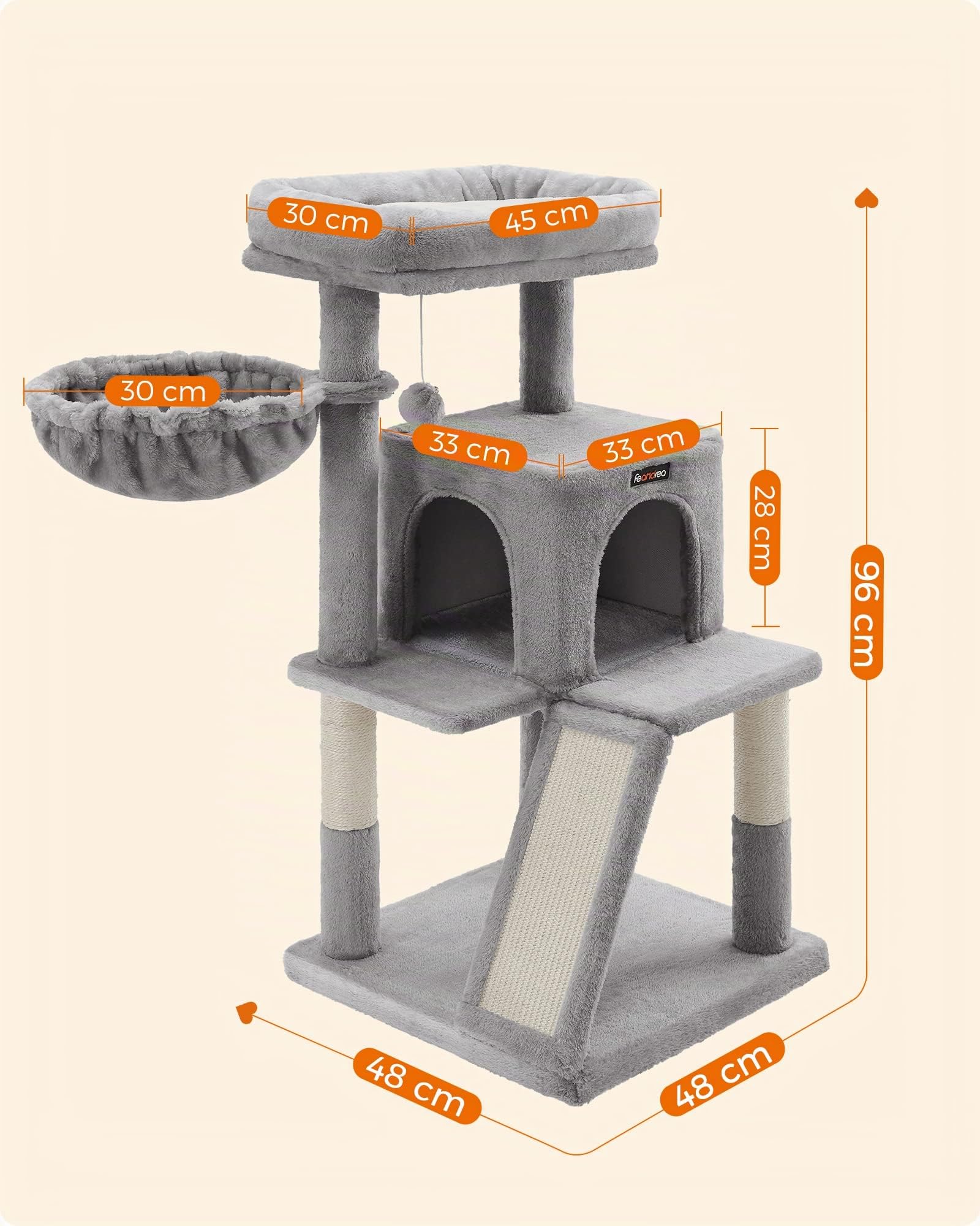 Feandrea Albero per Gatti, Tiragraffi per Gatti, Pali e Rampa Graffiatoio in Sisal Naturale, 2 Pompon Sospesi, Grotta, Cesto, Trespolo di Peluche, Grigio Chiaro PCT51W