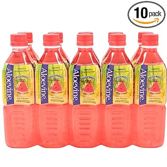 ALOEVINE Aloe Vera Juice drink Watermelon pure with chunks of aloe | 16.9 Oz 10 pack | plant based Vegetable Korean drinks