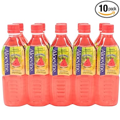 ALOEVINE Aloe Vera Juice drink Watermelon pure with chunks of aloe | 16.9 Oz 10 pack | plant based Vegetable Korean drinks