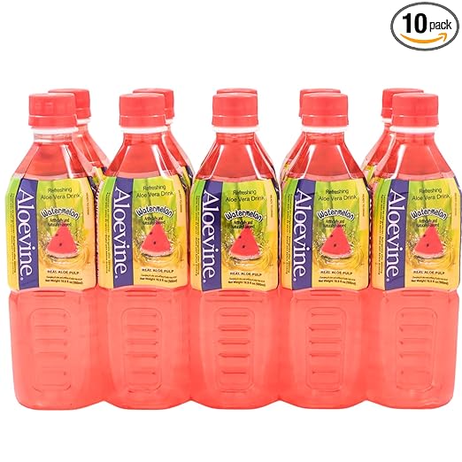 ALOEVINE Aloe Vera Juice drink Watermelon pure with chunks of aloe | 16.9 Oz 10 pack | plant based Vegetable Korean drinks