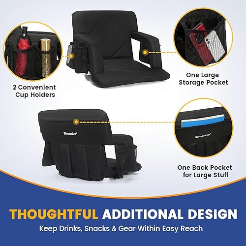 Miniatura 7 de Sheenive Asiento de estadio con soporte trasero, sillas acolchadas con respaldo y cojín, asiento plegable portátil con reposabrazos, 6 posiciones