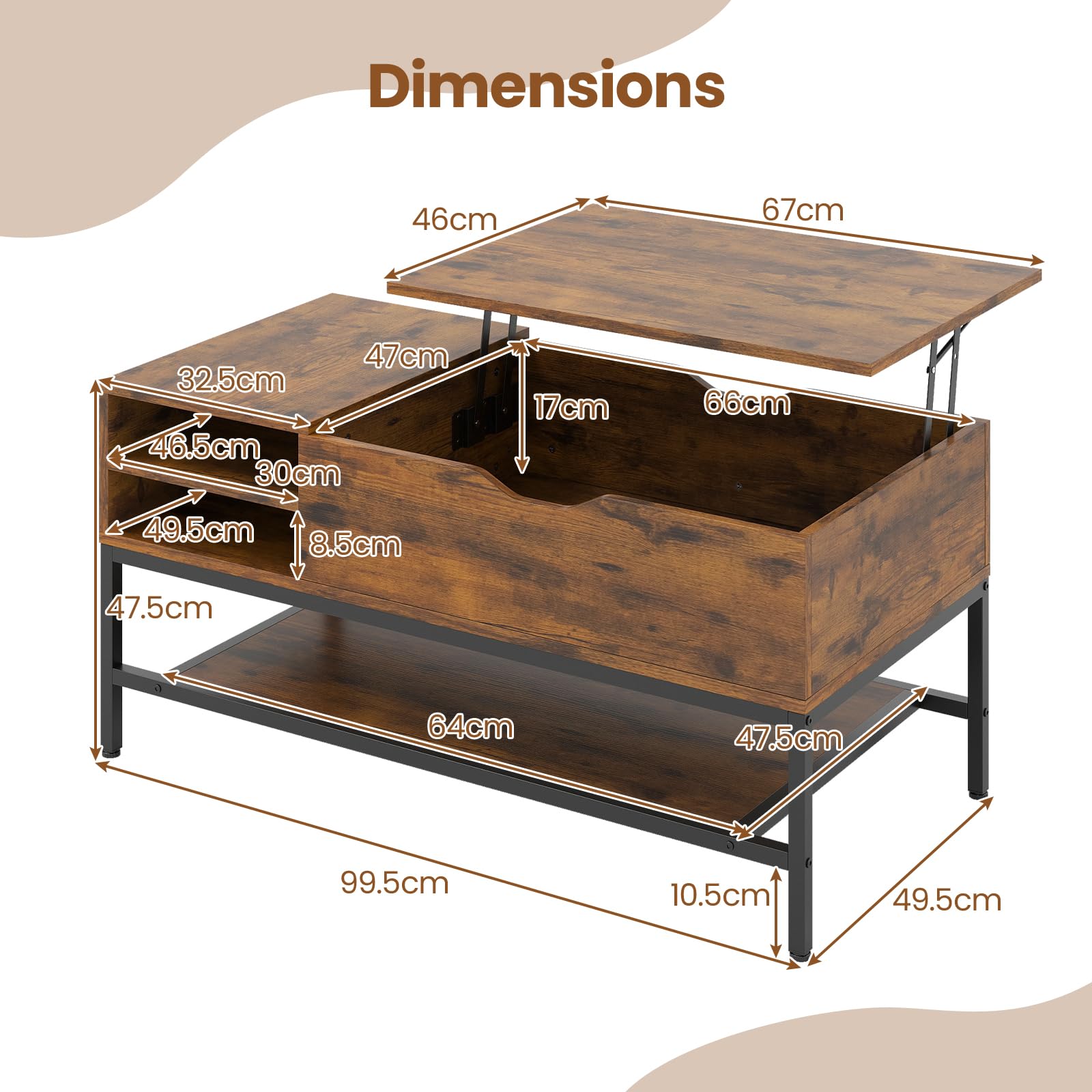 GIANTEX Couchtisch Höhenverstellbar, Wohnzimmertisch mit Stauraum, Tisch Wohnzimmer mit Offenem Fach & Ablagefach, Sofatisch Kaffeetisch Holz Metallrahmen, Beistelltisch Couch Tisch 100x49,5x47,5 cm